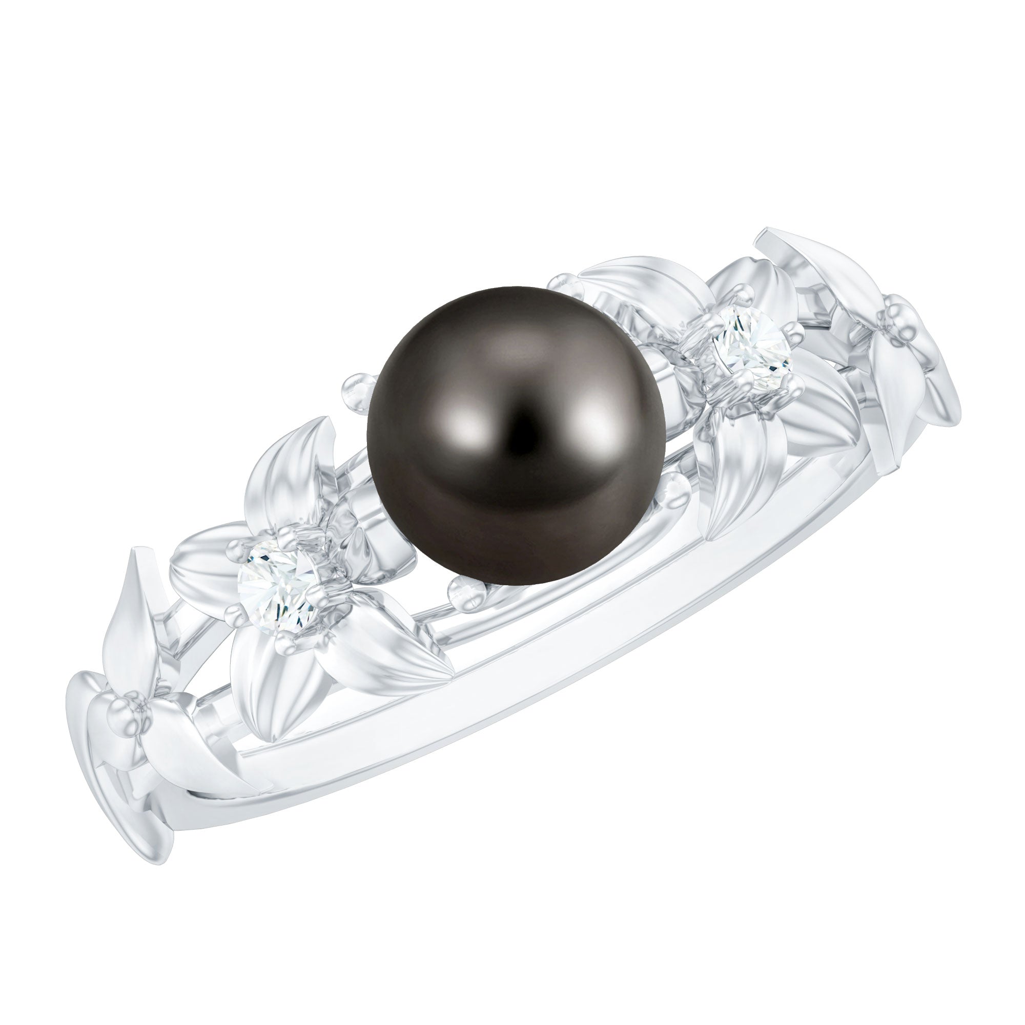 Genuine 8 Carat Tahitian Black Pearl Flower Engagement Ring with Diamond AAA - Rosec Jewels
