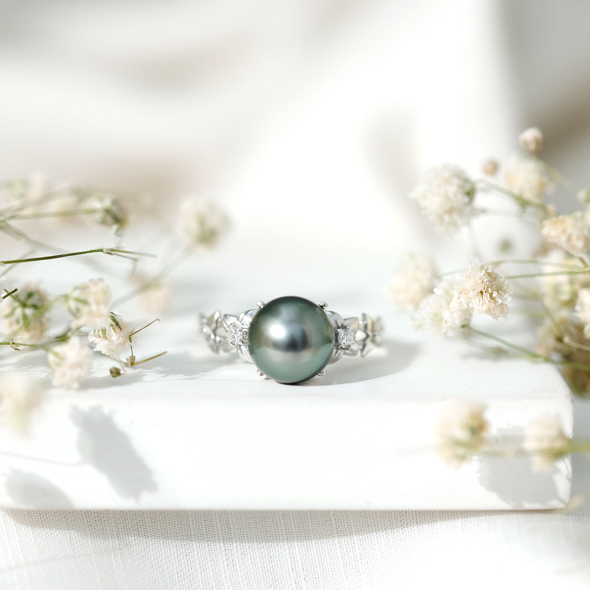 Genuine 8 Carat Tahitian Black Pearl Flower Engagement Ring with Diamond AAA - Rosec Jewels