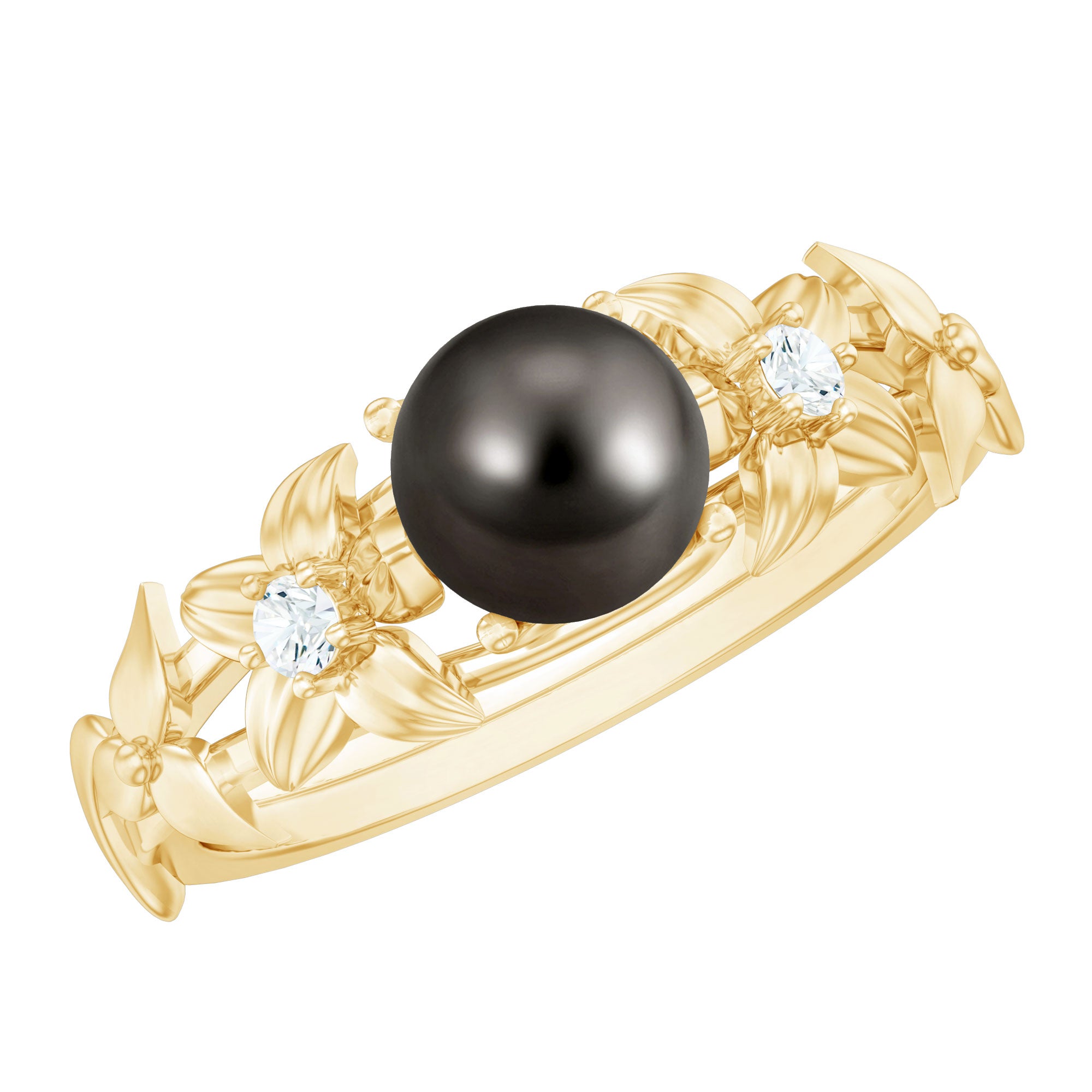 Genuine 8 Carat Tahitian Black Pearl Flower Engagement Ring with Diamond AAA - Rosec Jewels