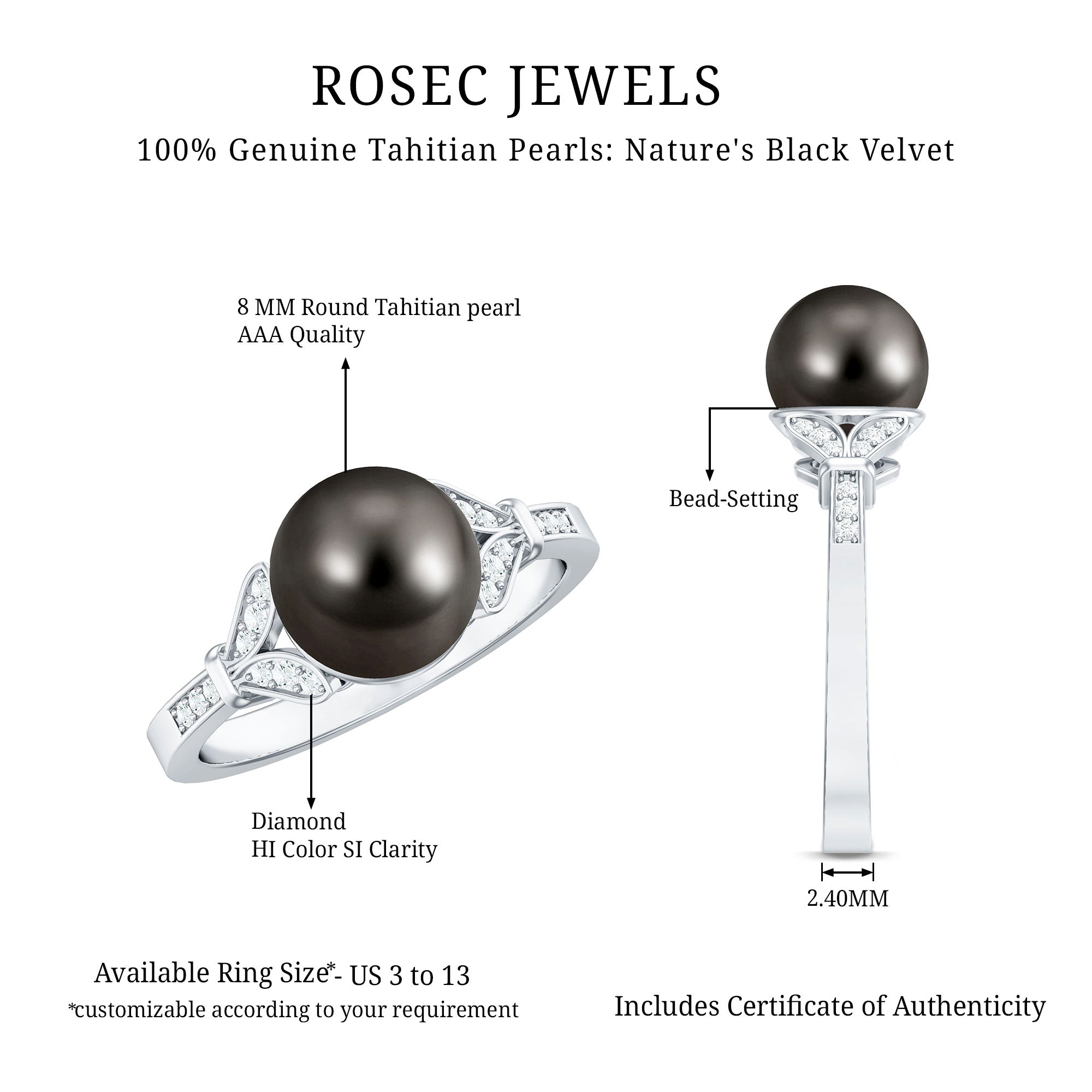 Tahitian Pearl and Diamond Engagement Ring with Split Shank AAA - Rosec Jewels