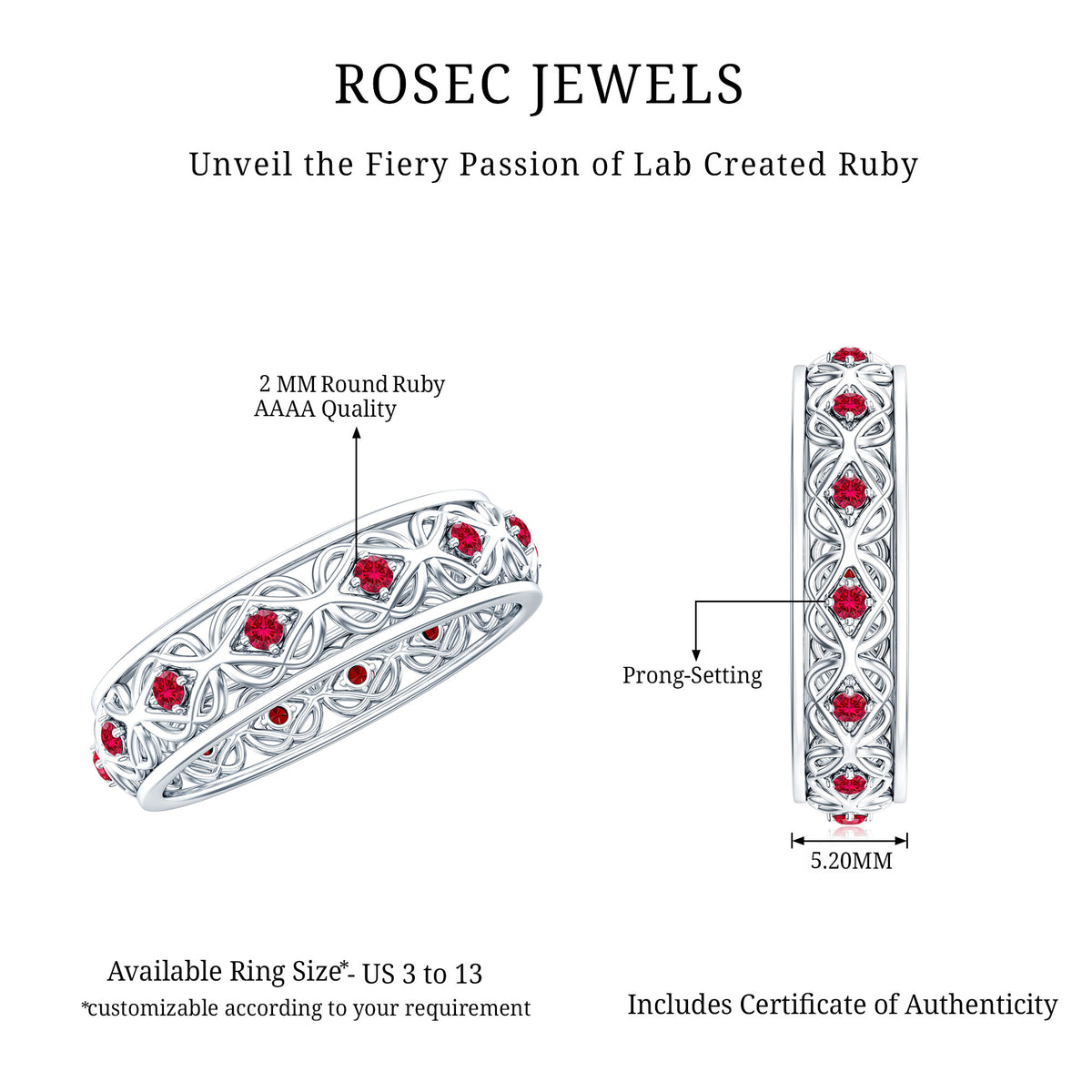 Vintage Style Lab Created Ruby Celtic Wedding Band with Certificate AAAA - Rosec Jewels
