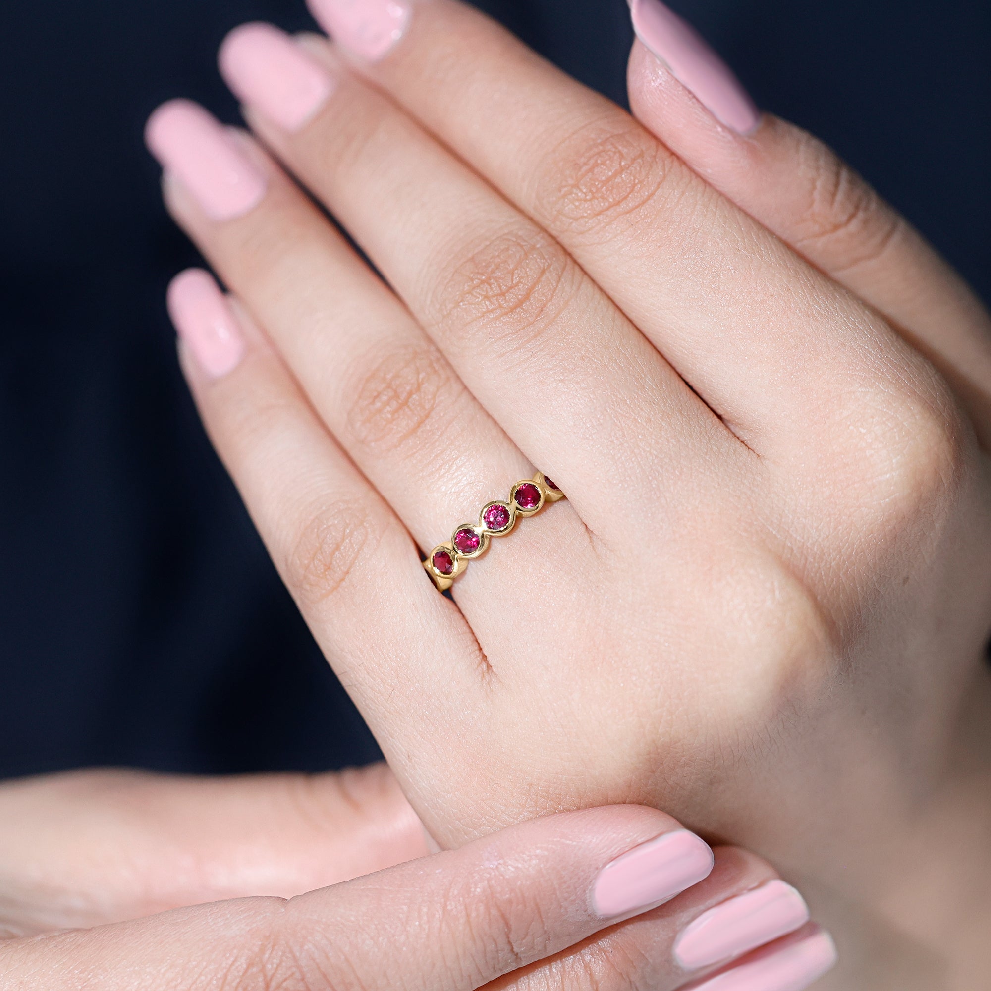 Rosec Jewels-Minimal Created Ruby Half Eternity Ring in Bezel Setting