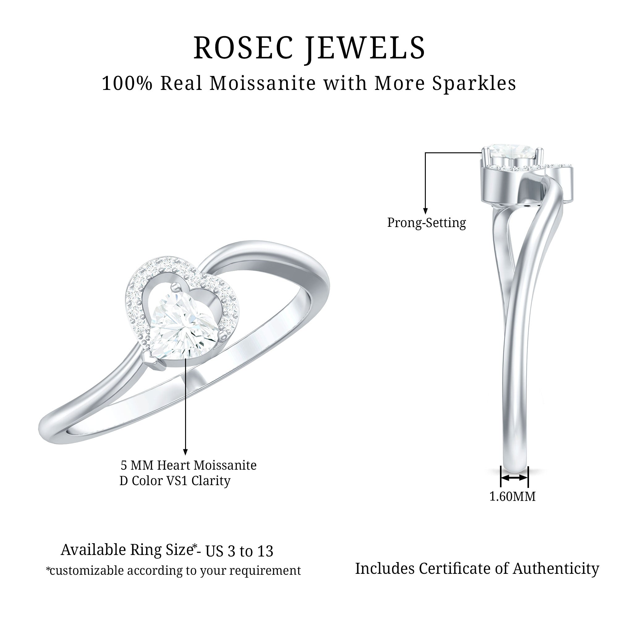 Certified Moissanite Heart Promise Ring for Her D-VS1 - Rosec Jewels