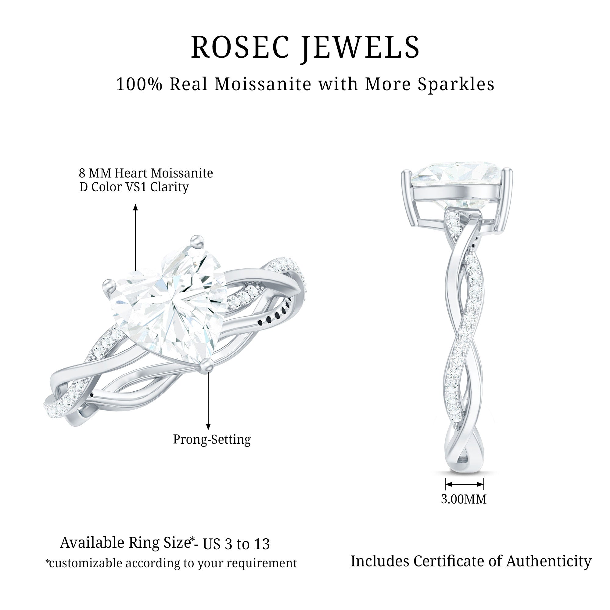 Rosec Jewels-Solitaire Heart Shape Moissanite Braided Engagement Ring
