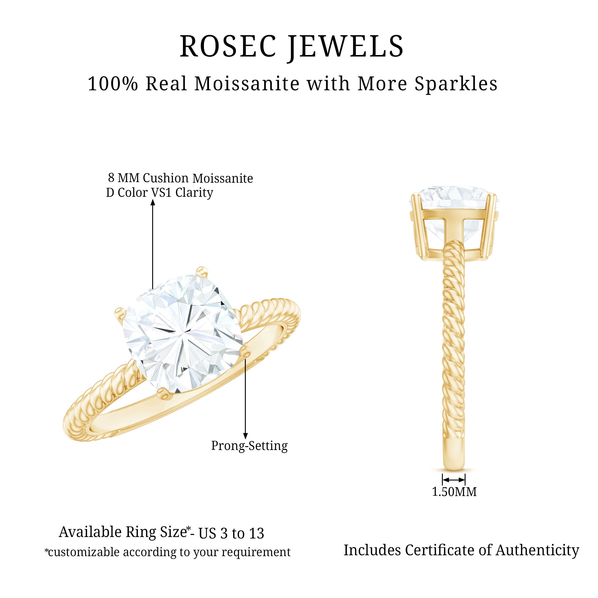 3 CT Certified Moissanite Cushion Cut Engagement Ring D-VS1 - Rosec Jewels