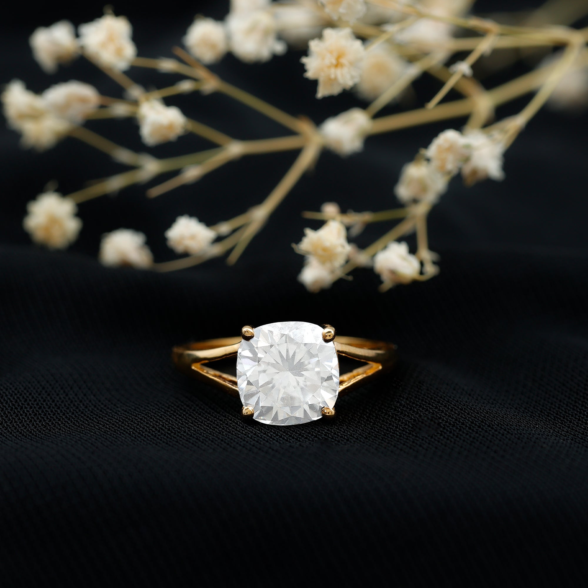 Rosec Jewels-Cushion Cut Moissanite Engagement Ring With Split Shank
