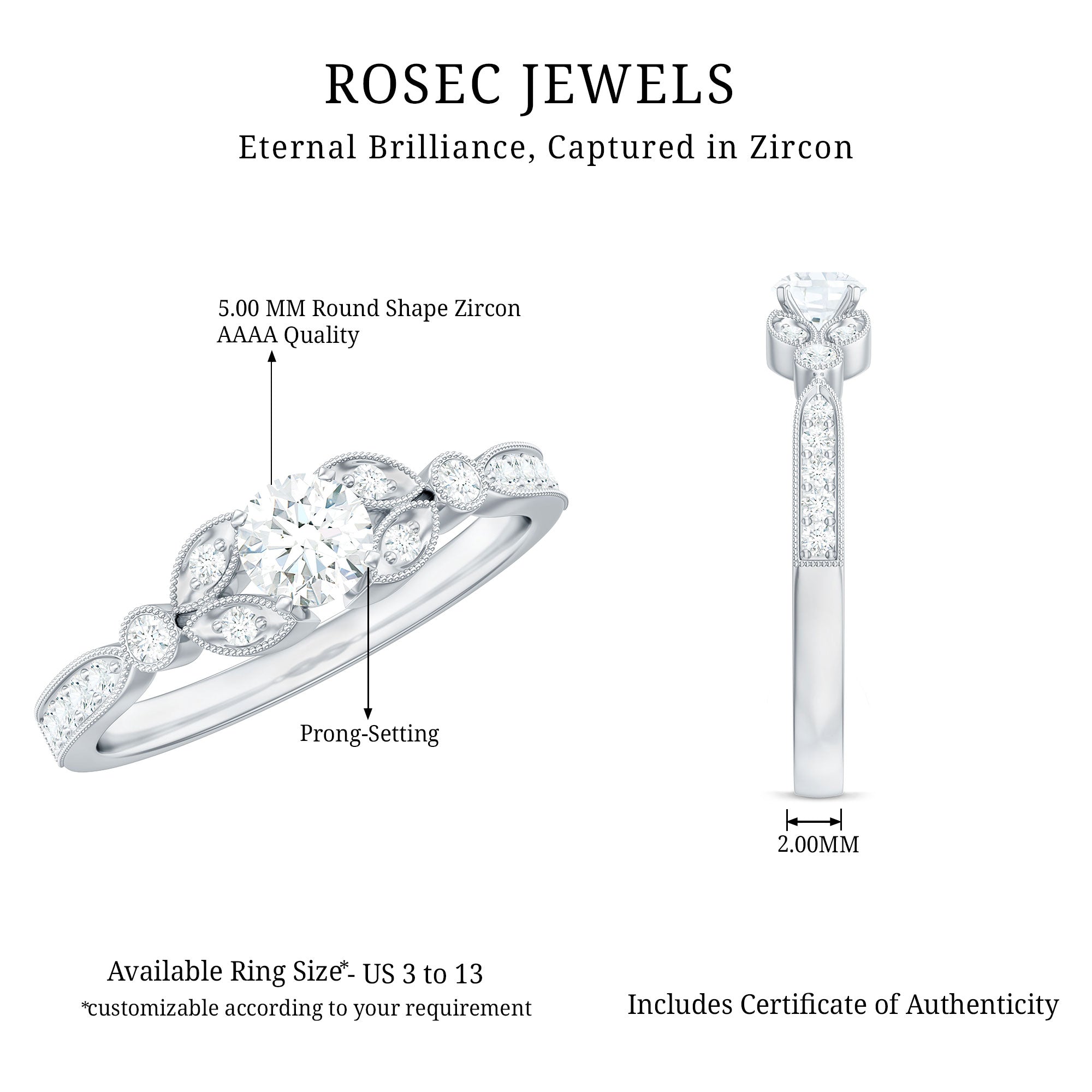 Rosec Jewels-Vintage Inspired Zircon Engagement Ring for Women