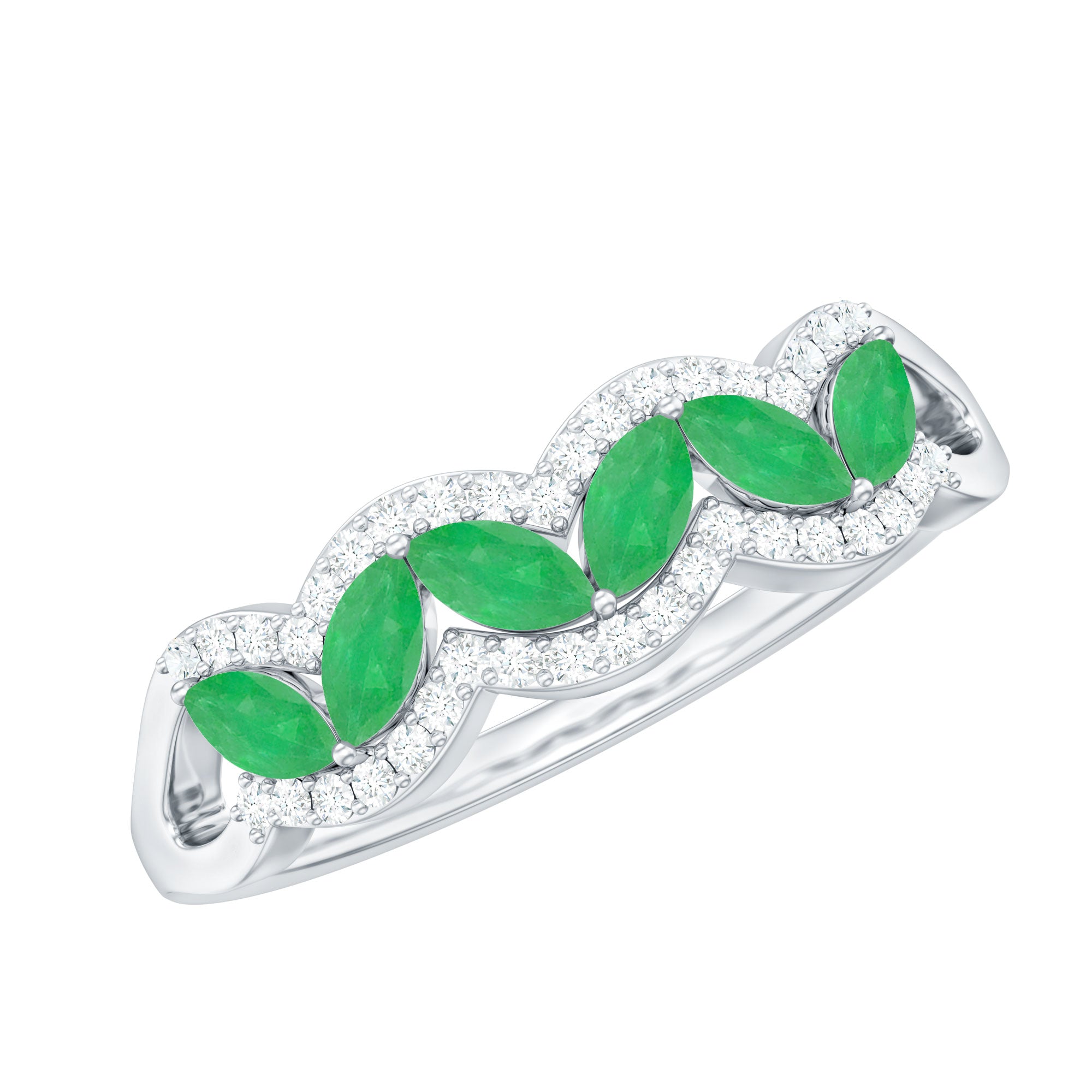 Rosec Jewels-Natural Marquise Emerald Half Eternity Anniversary Ring with Diamond