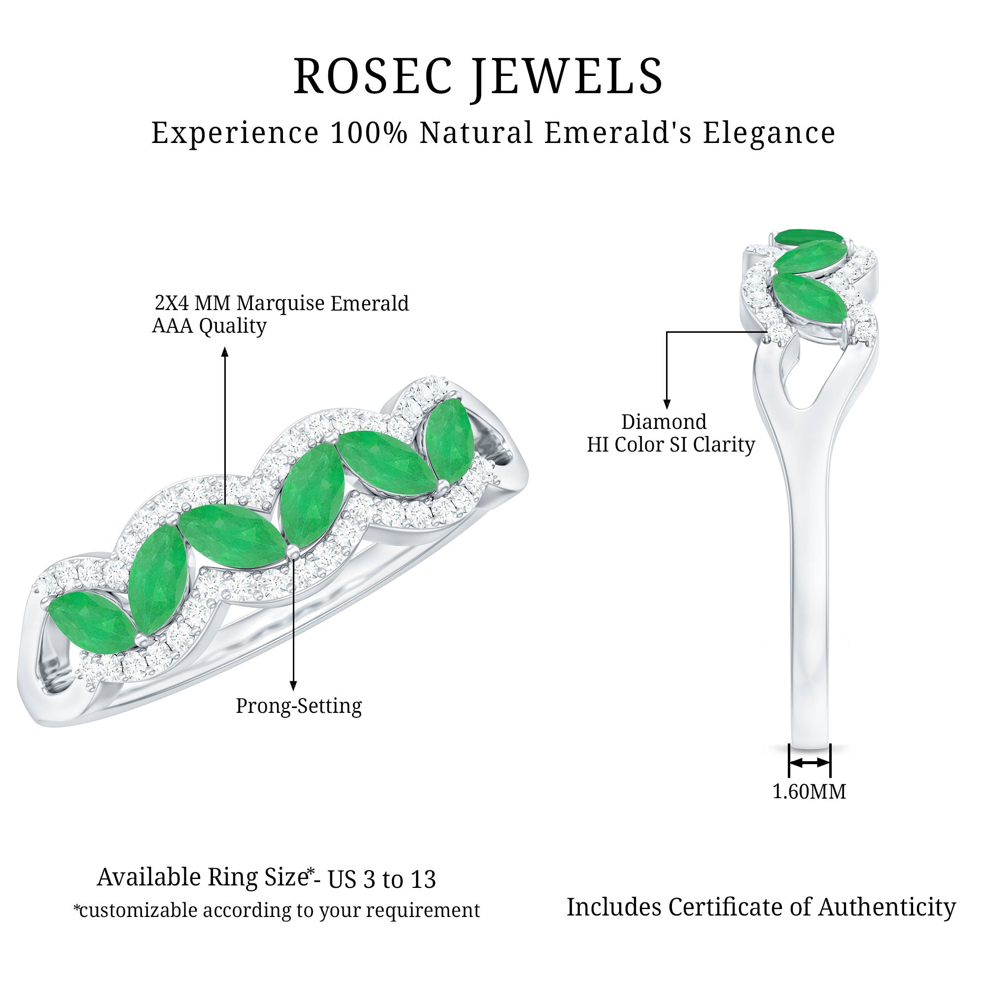 Rosec Jewels-Natural Marquise Emerald Half Eternity Anniversary Ring with Diamond