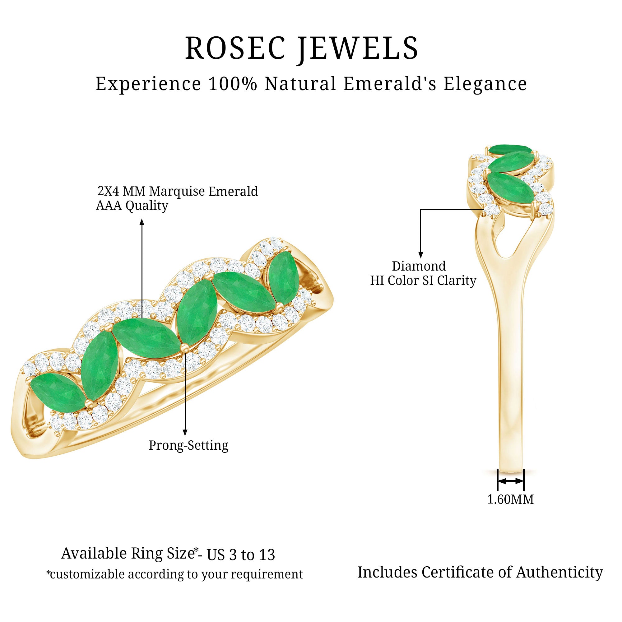 Rosec Jewels-Natural Marquise Emerald Half Eternity Anniversary Ring with Diamond