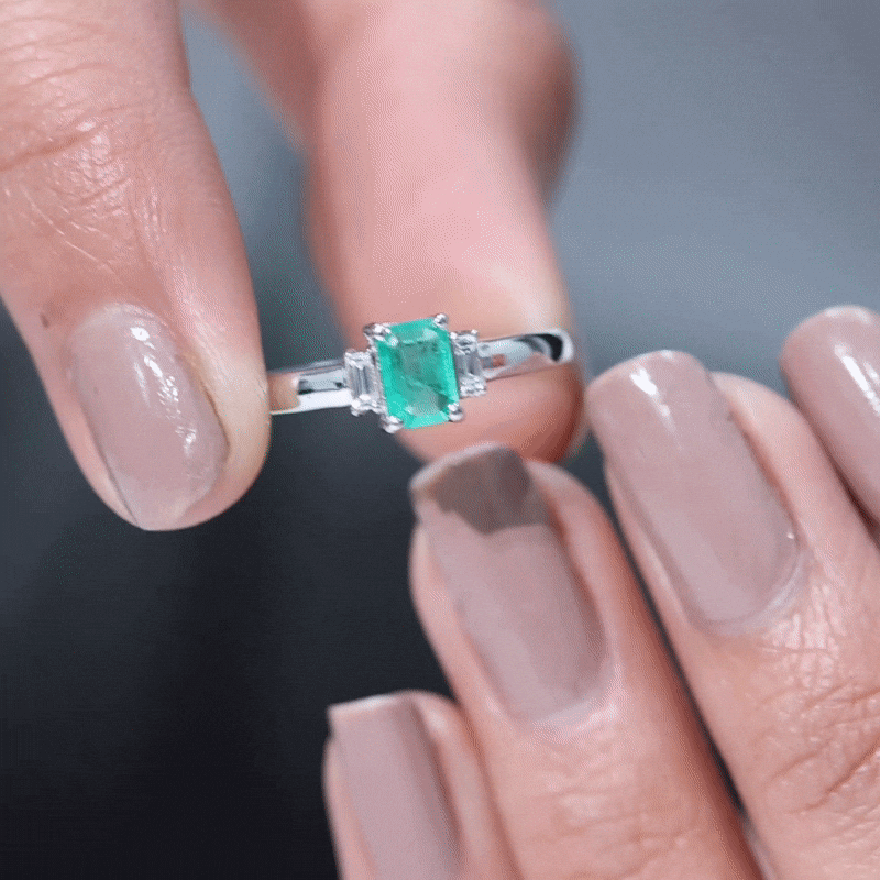 Rosec Jewels-Emerald Cut Emerald and Diamond 3 Stone Promise Ring for Her