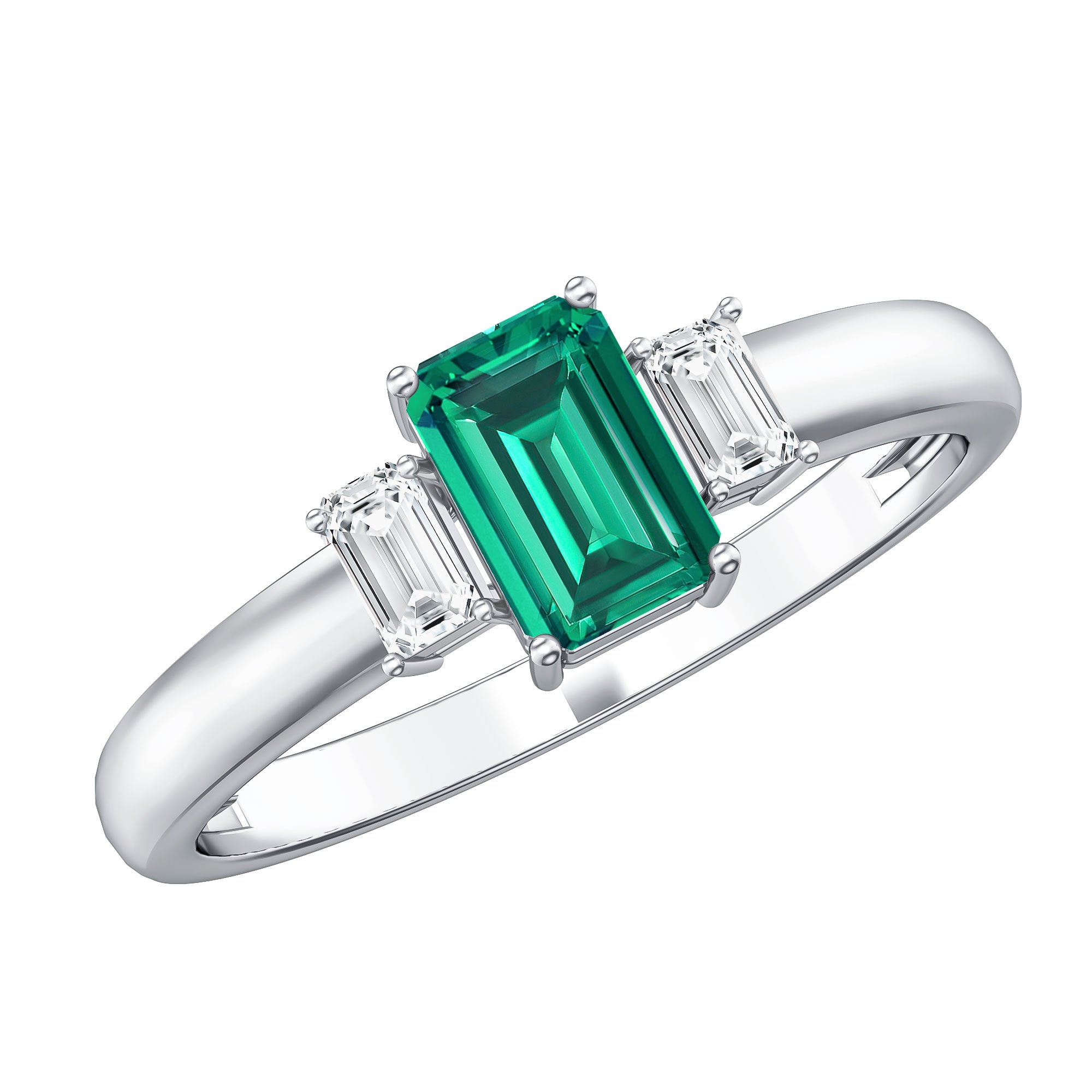 Rosec Jewels-Emerald Cut Emerald and Diamond 3 Stone Promise Ring for Her