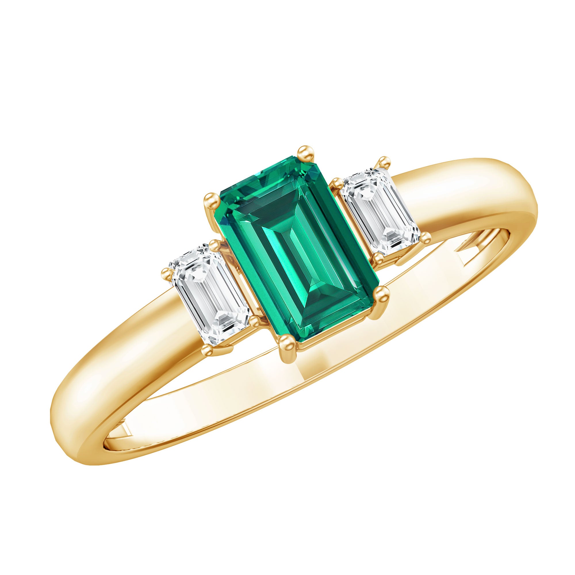 Rosec Jewels-Emerald Cut Emerald and Diamond 3 Stone Promise Ring for Her