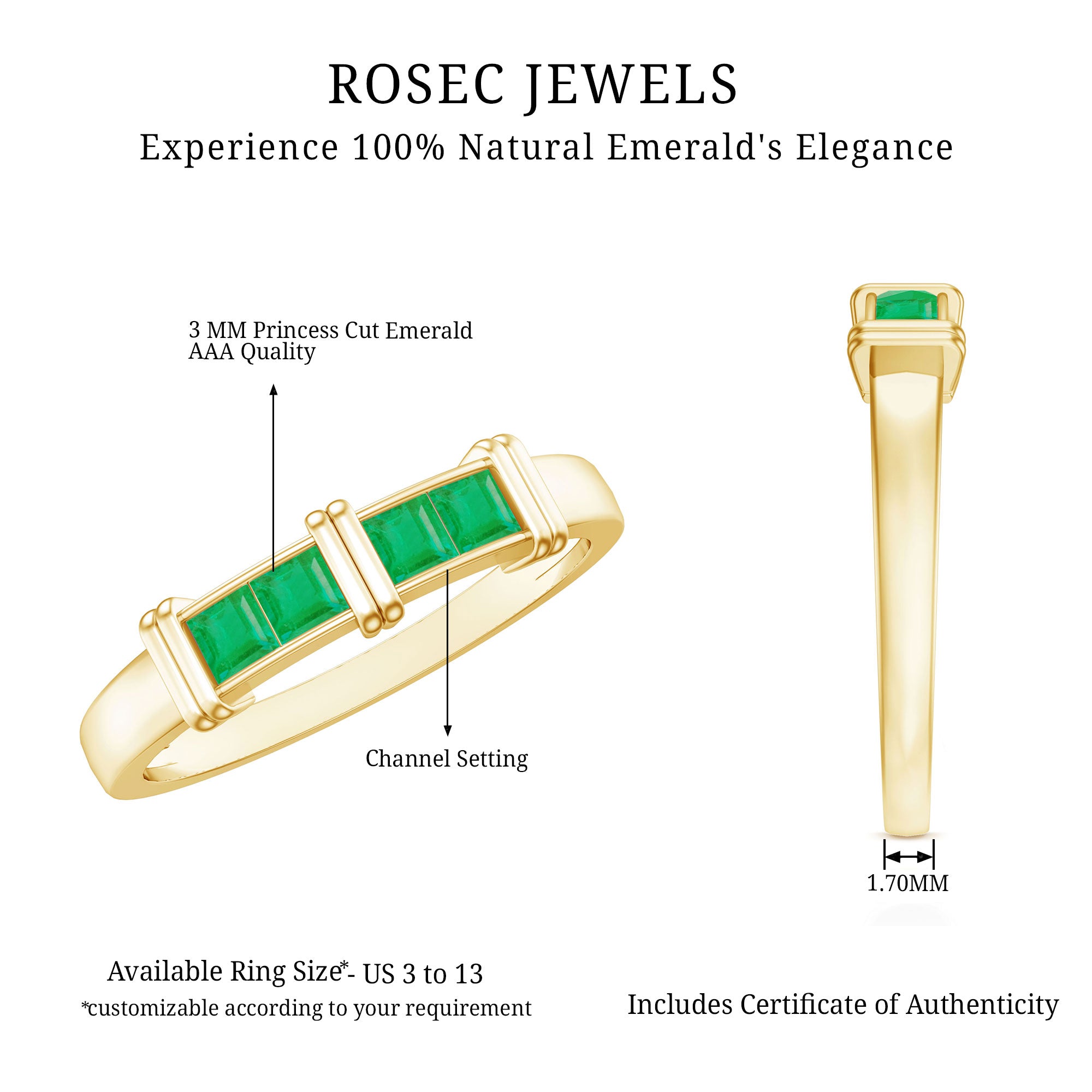 Rosec Jewels-Princess Cut Real Emerald Band Ring in Channel Setting