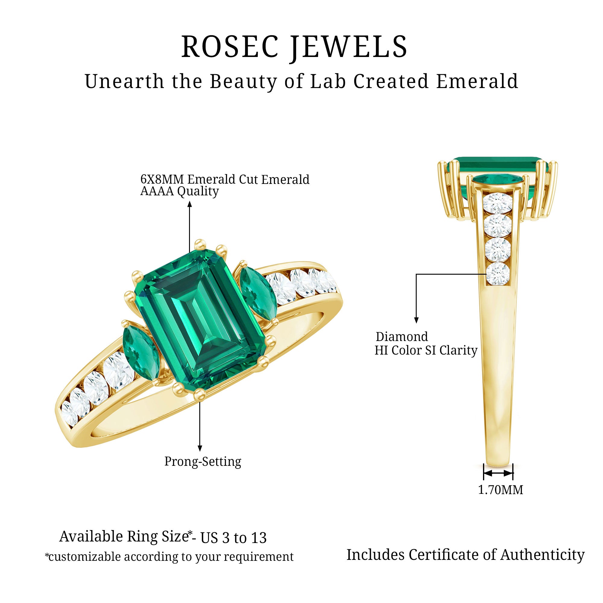 Rosec Jewels-Lab Created Emerald Cut Emerald Engagement Ring with Diamonds