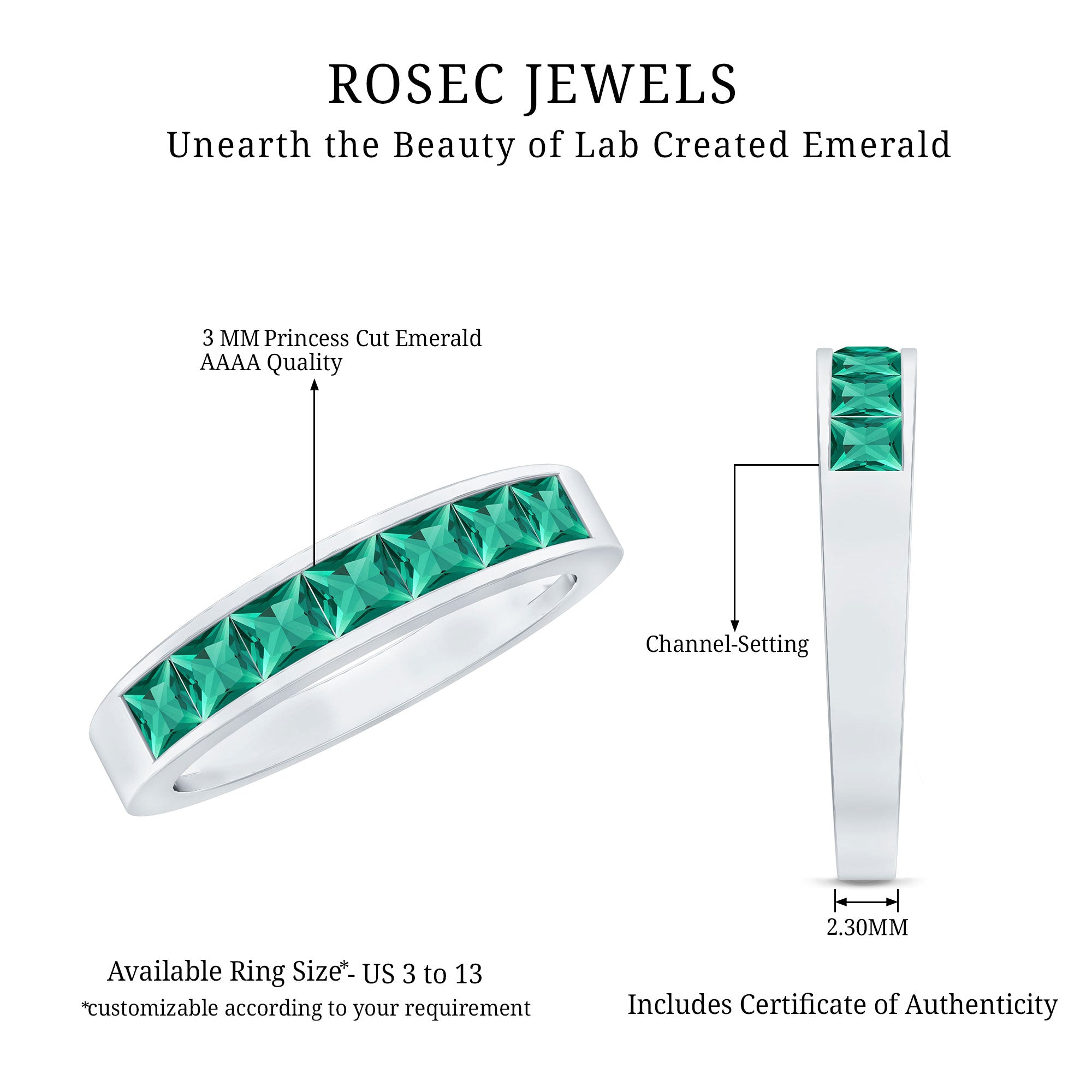 Rosec Jewels-Princess Cut Lab Created Emerald Eternity Band in Channel Setting