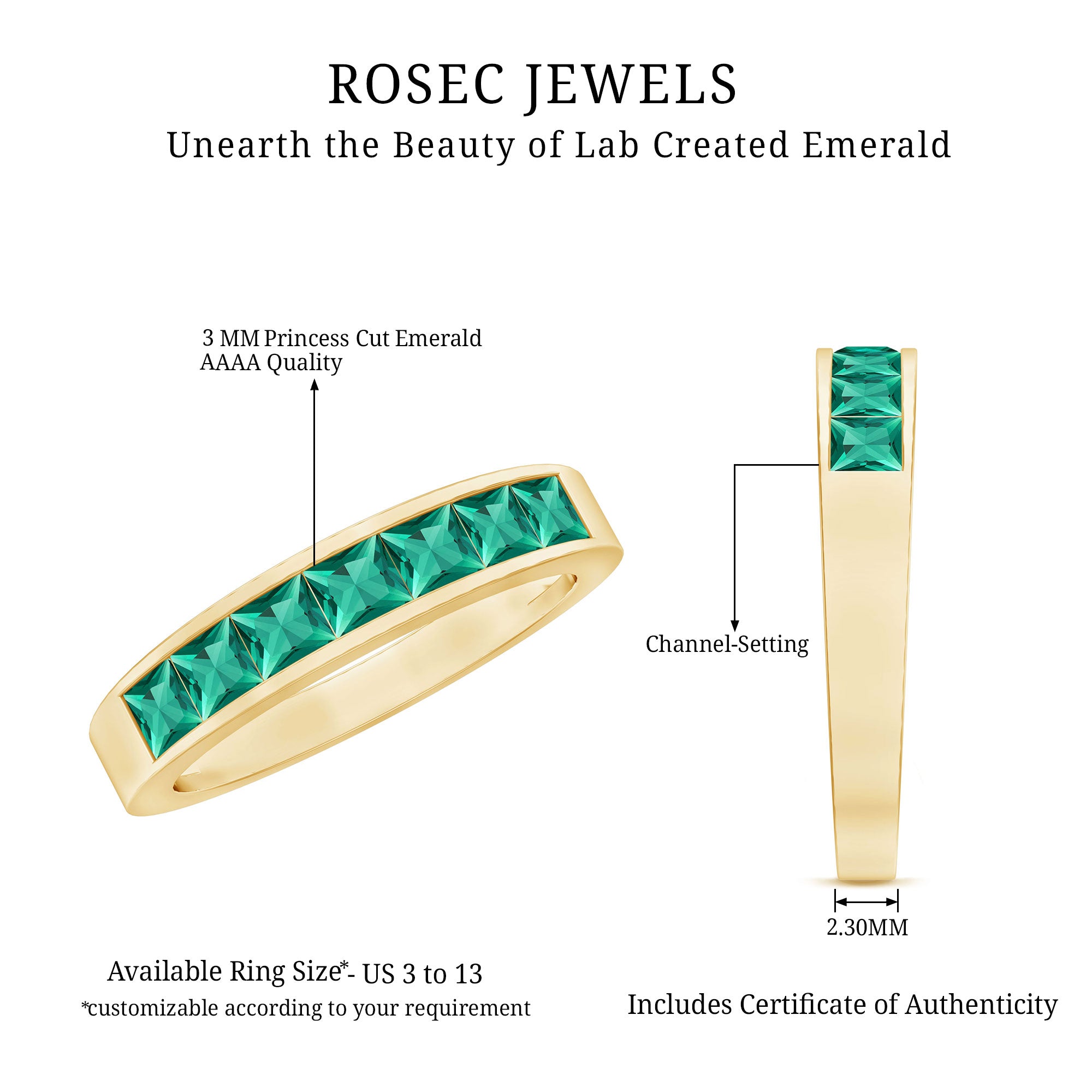 Rosec Jewels-Princess Cut Lab Created Emerald Eternity Band in Channel Setting