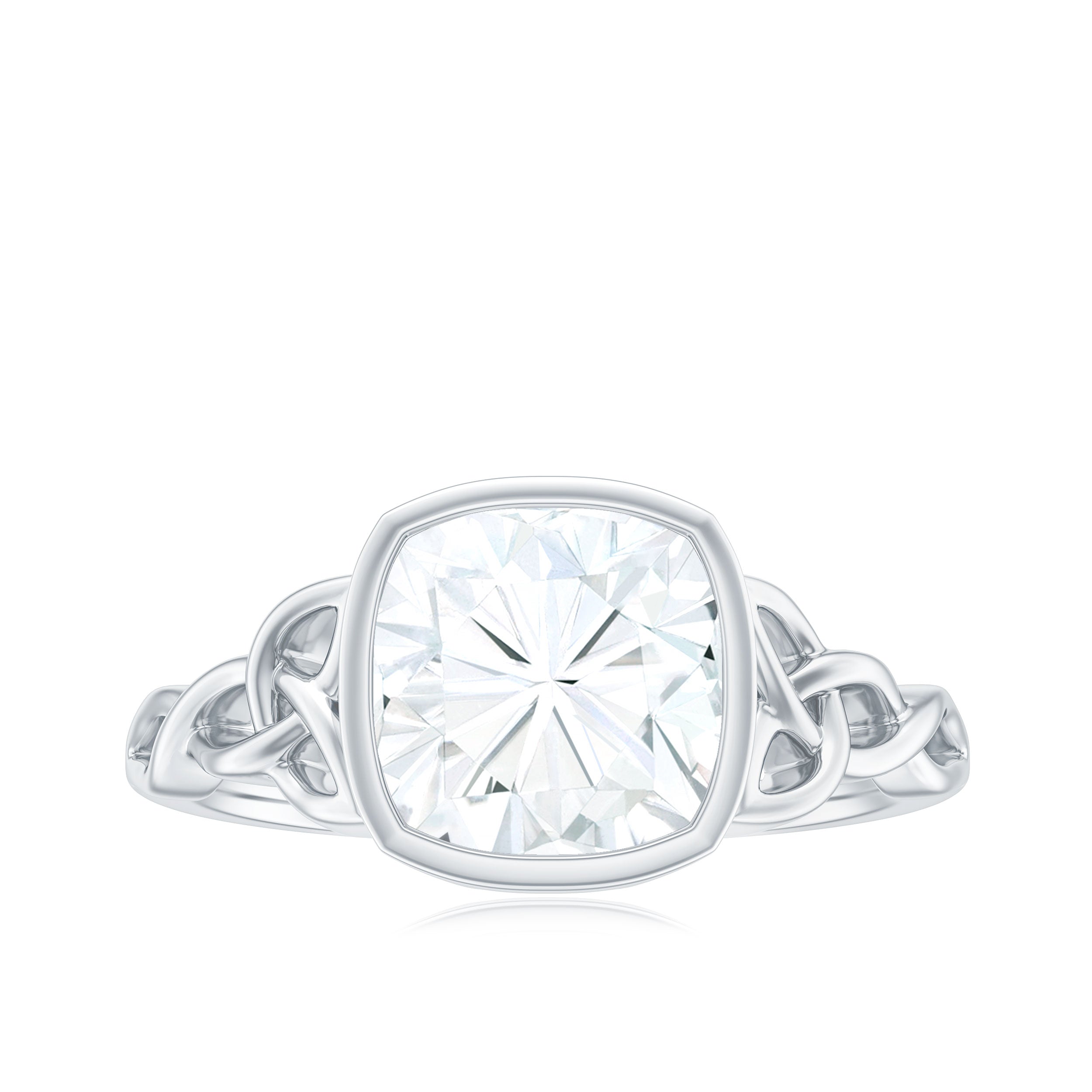 Cushion Cut Moissanite Solitaire Celtic Knot Ring in Bezel Setting D-VS1 - Rosec Jewels