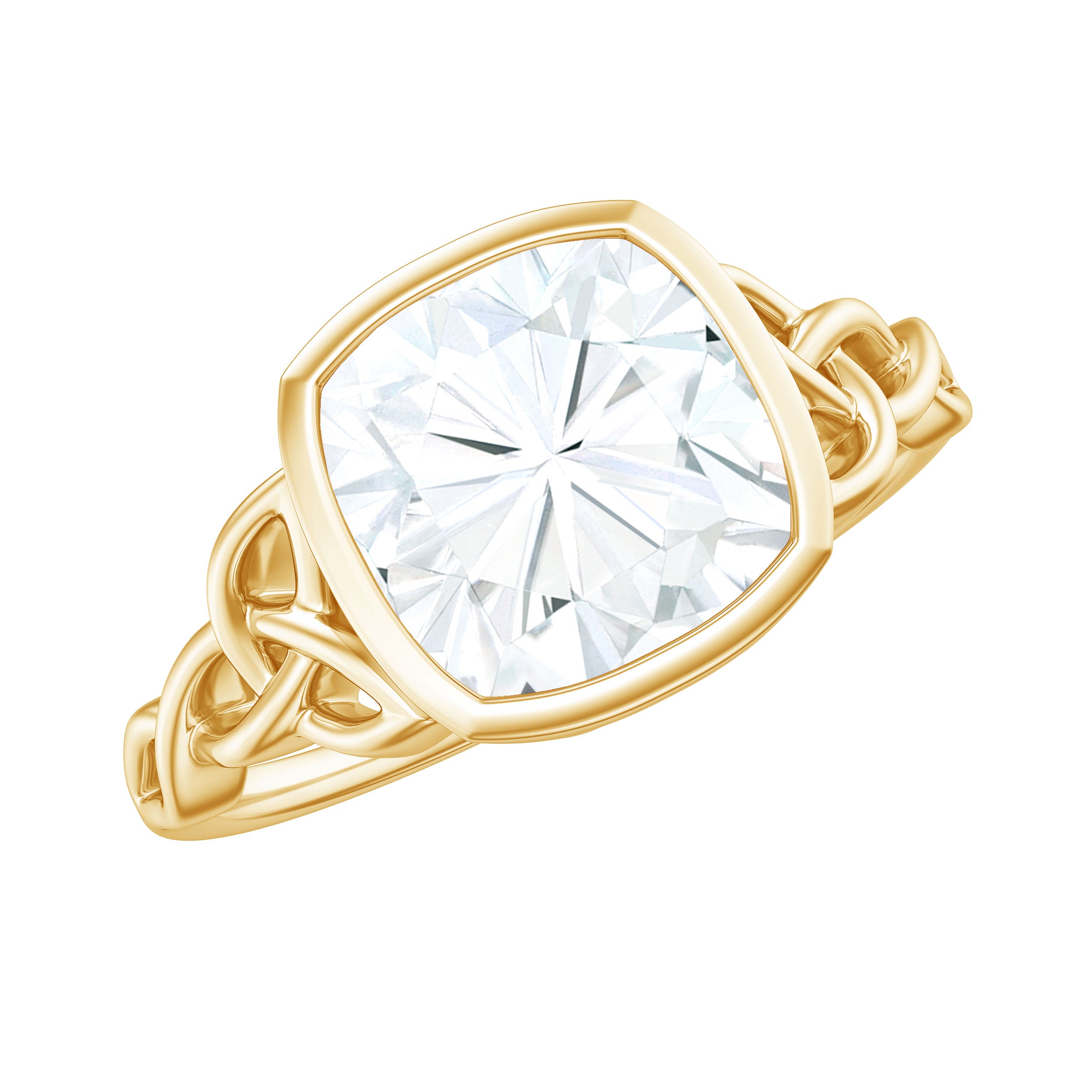 Cushion Cut Moissanite Solitaire Celtic Knot Ring in Bezel Setting D-VS1 - Rosec Jewels