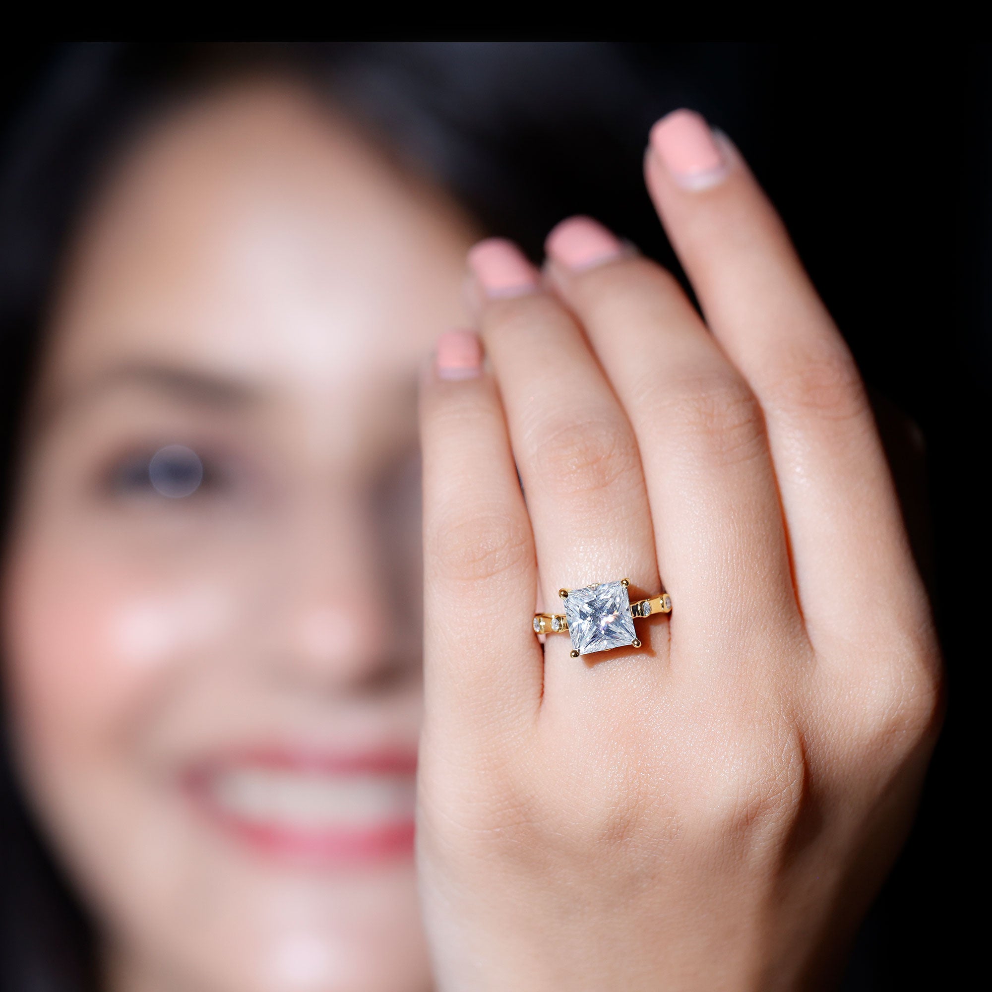 Princess Cut Moissanite Solitaire Engagement Ring with Spaced Accent D-VS1 - Rosec Jewels