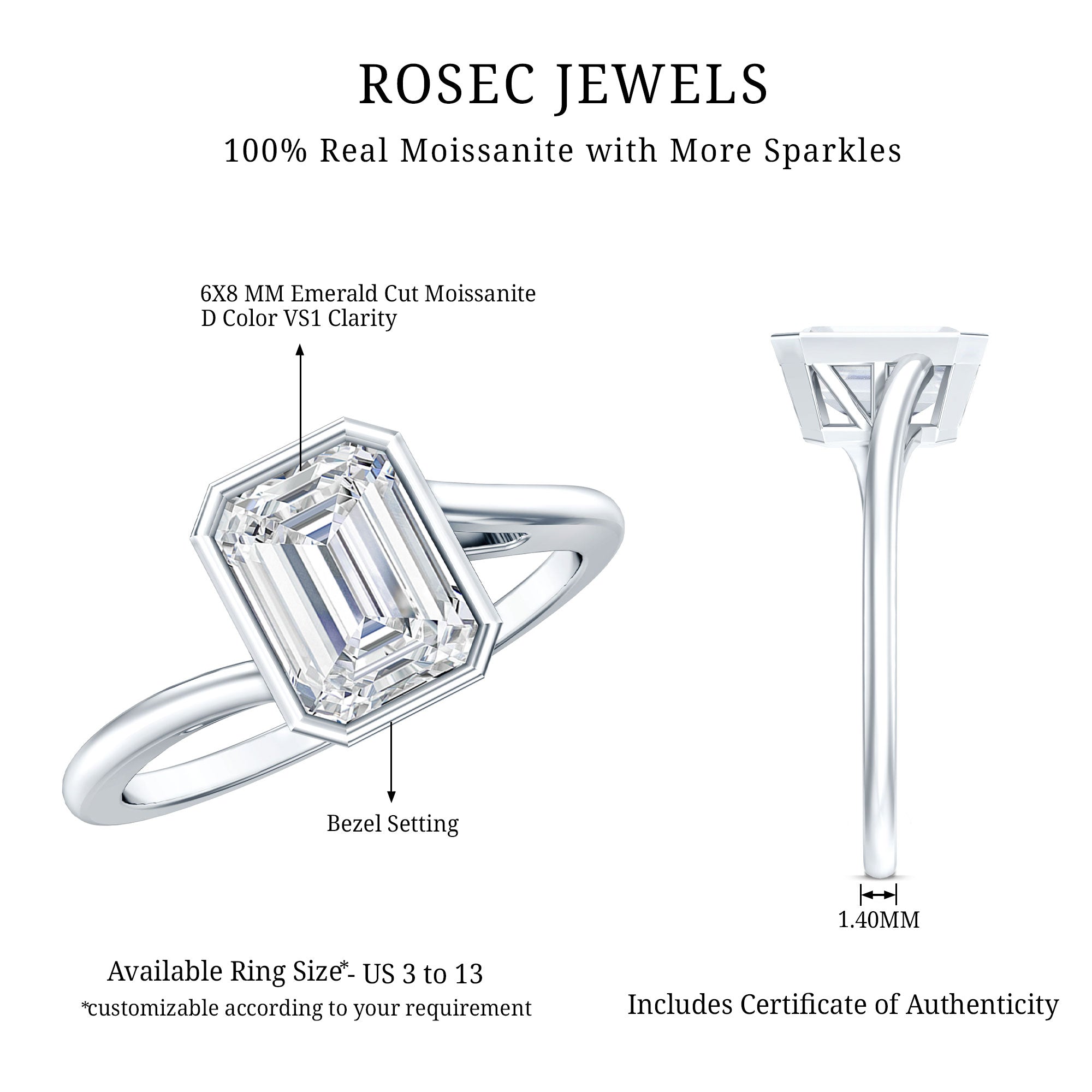 2 CT Octagon Cut Moissanite Engagement Ring For Women D-VS1 - Rosec Jewels