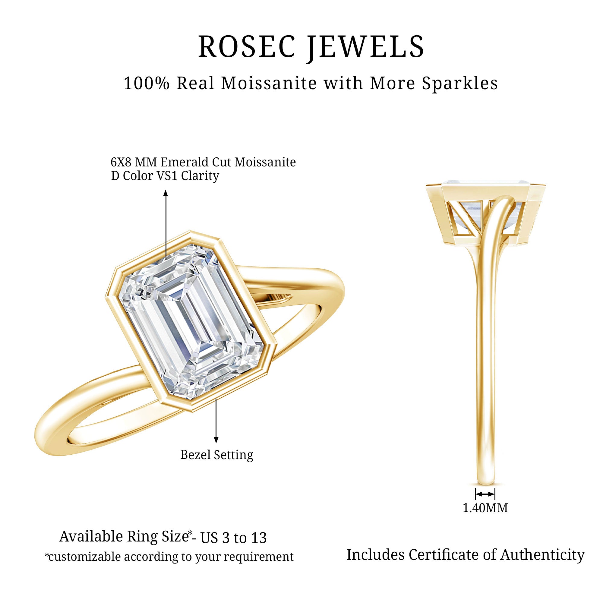 2 CT Octagon Cut Moissanite Engagement Ring For Women D-VS1 - Rosec Jewels