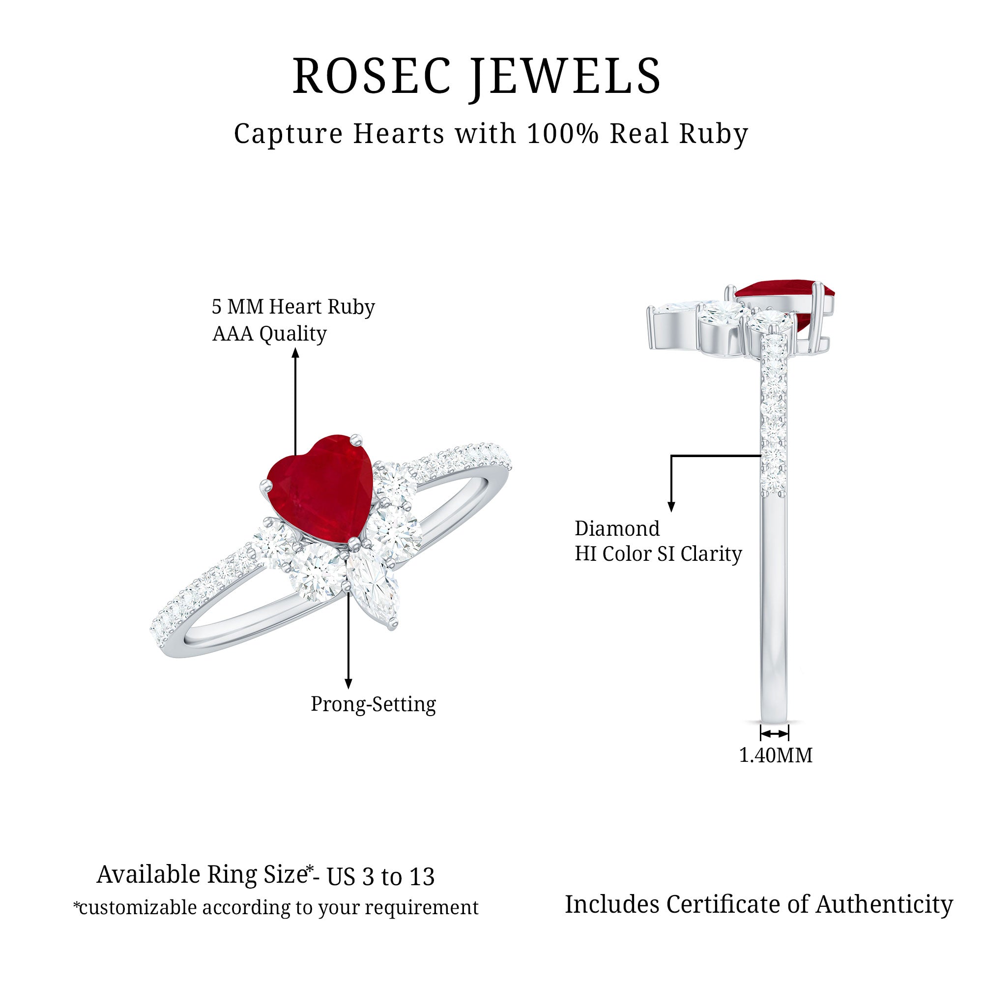 Rosec Jewels-Natural 0.6 Carat Ruby Heart Promise Ring with Diamond for Women