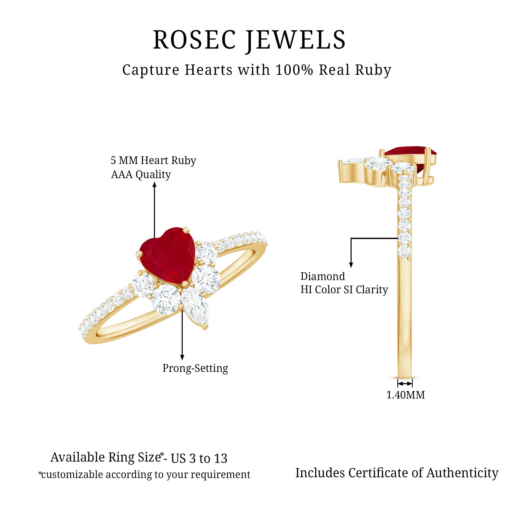 Rosec Jewels-Natural 0.6 Carat Ruby Heart Promise Ring with Diamond for Women