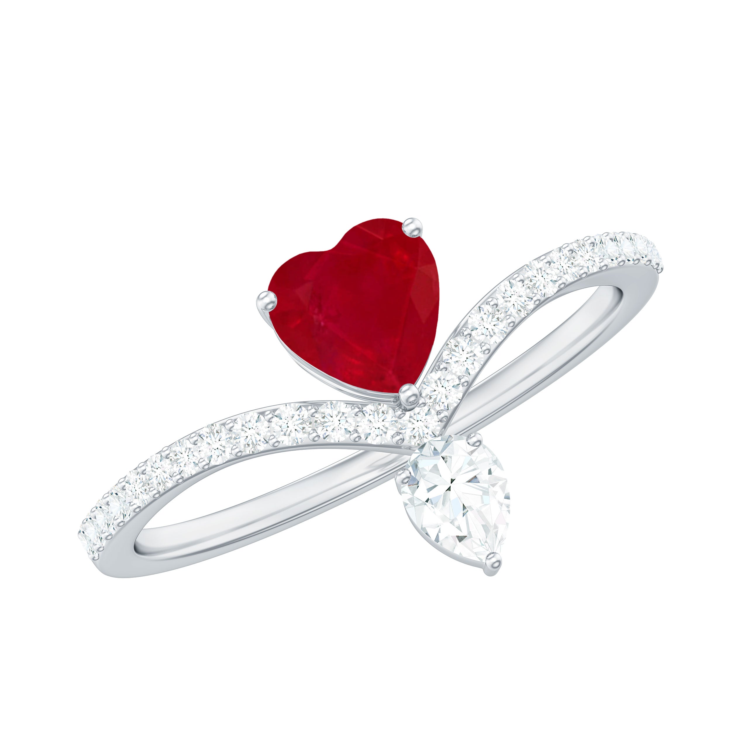 Natural 0.6 Carat Ruby Heart Promise Ring with Diamond Chevron Shank AAA - Rosec Jewels