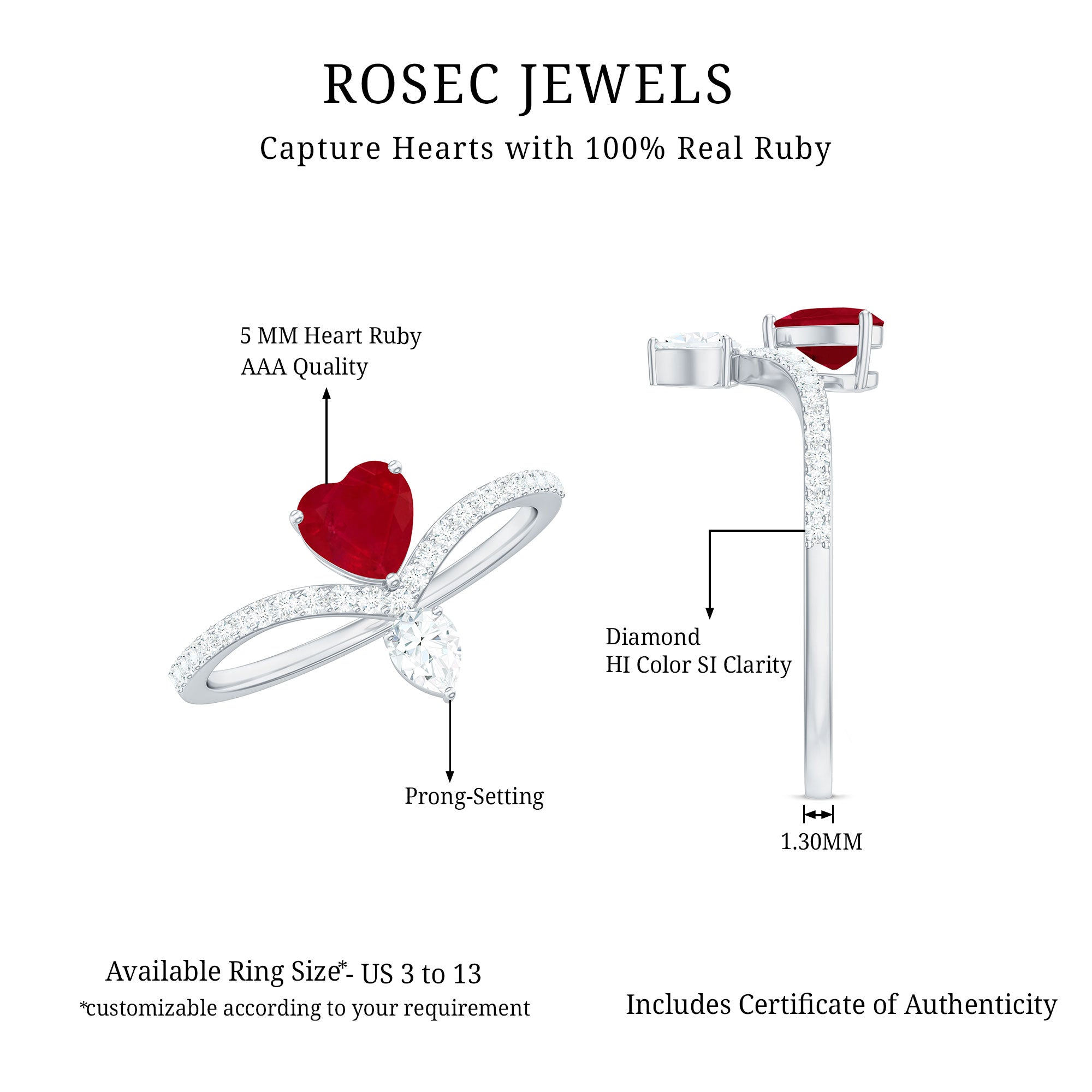 Natural 0.6 Carat Ruby Heart Promise Ring with Diamond Chevron Shank AAA - Rosec Jewels