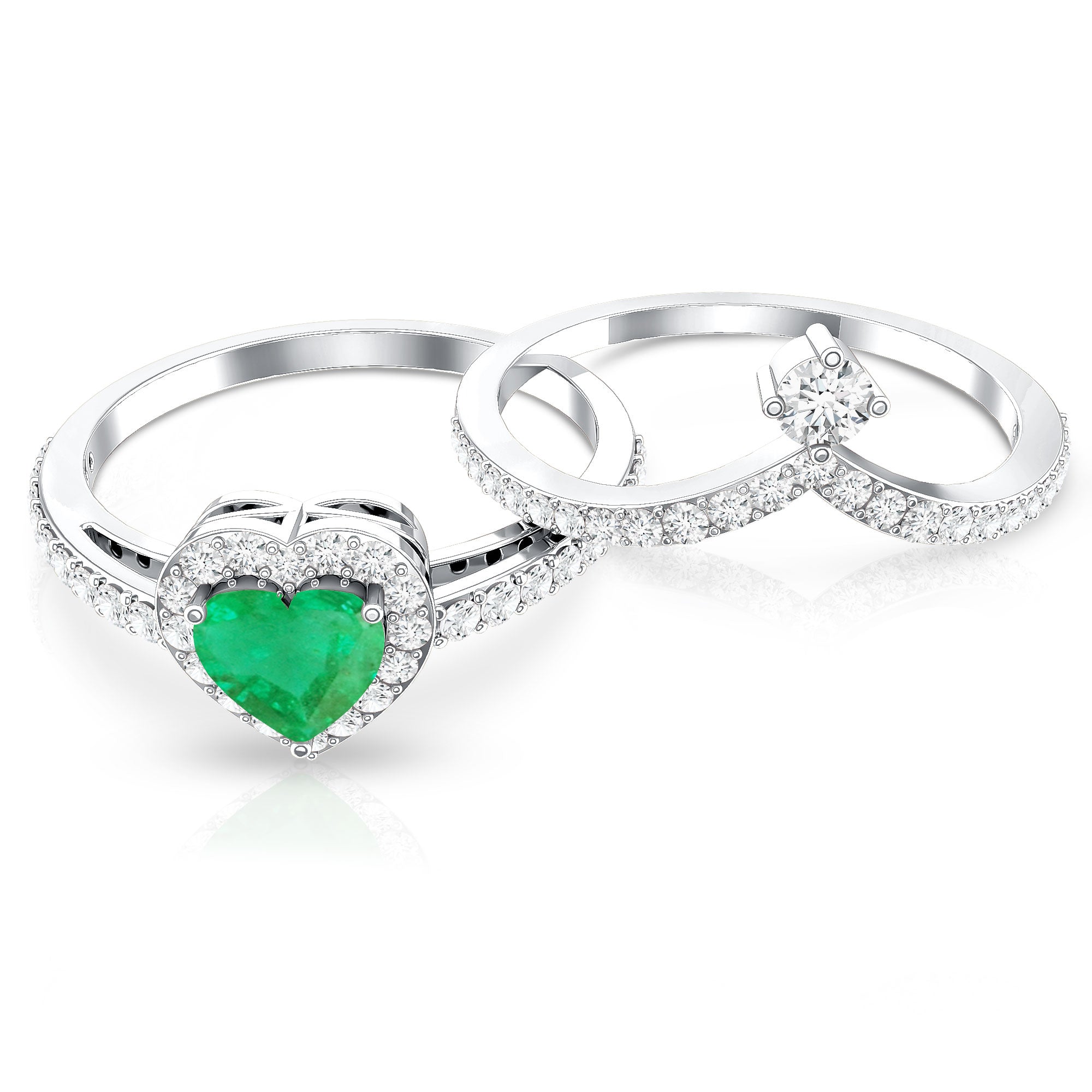 Rosec Jewels-Real Emerald and Diamond Heart Wedding Ring Set with Certificate