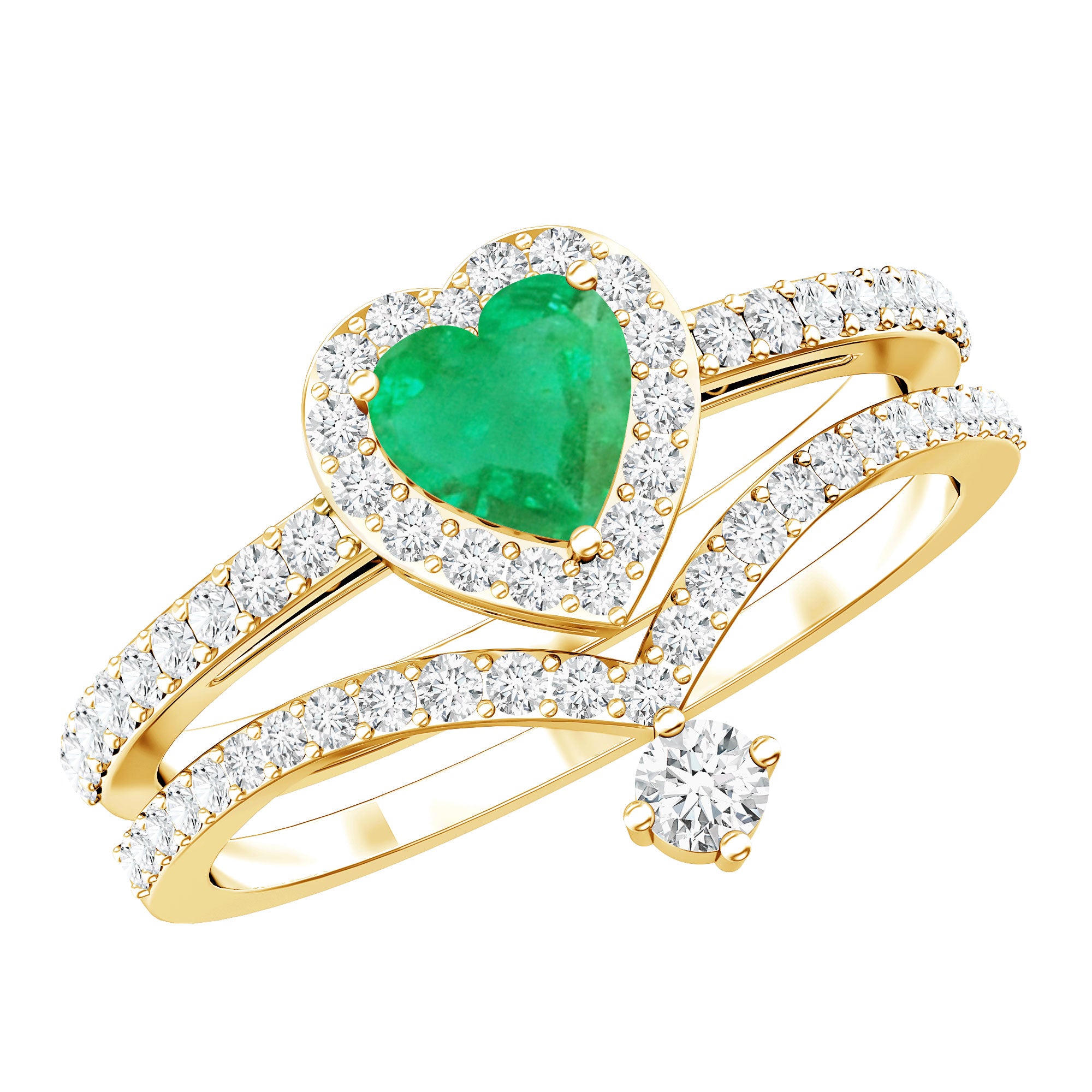 Rosec Jewels-Real Emerald and Diamond Heart Wedding Ring Set with Certificate