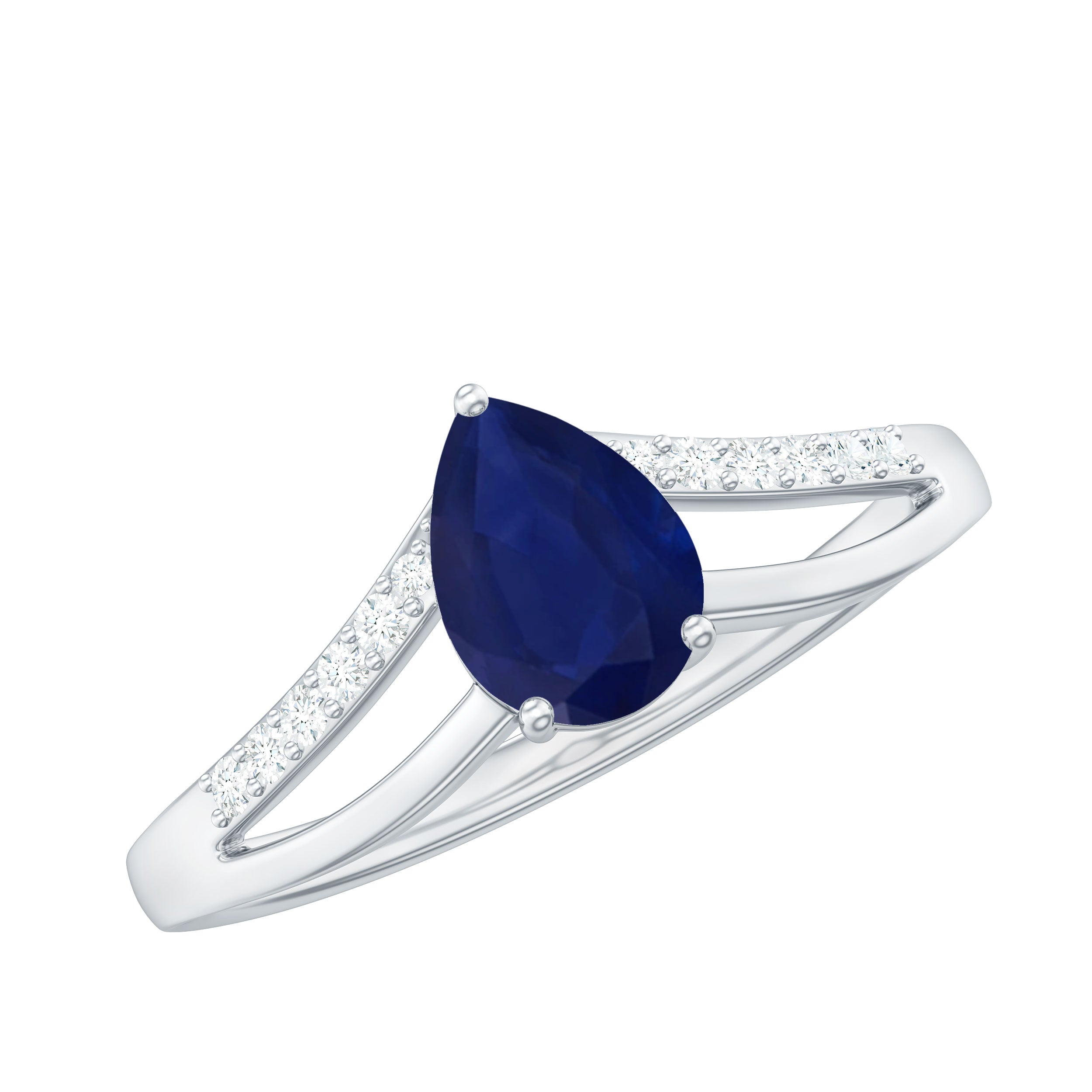 Rosec Jewels-Pear Cut Solitaire Blue Sapphire Split Shank Ring with Diamond