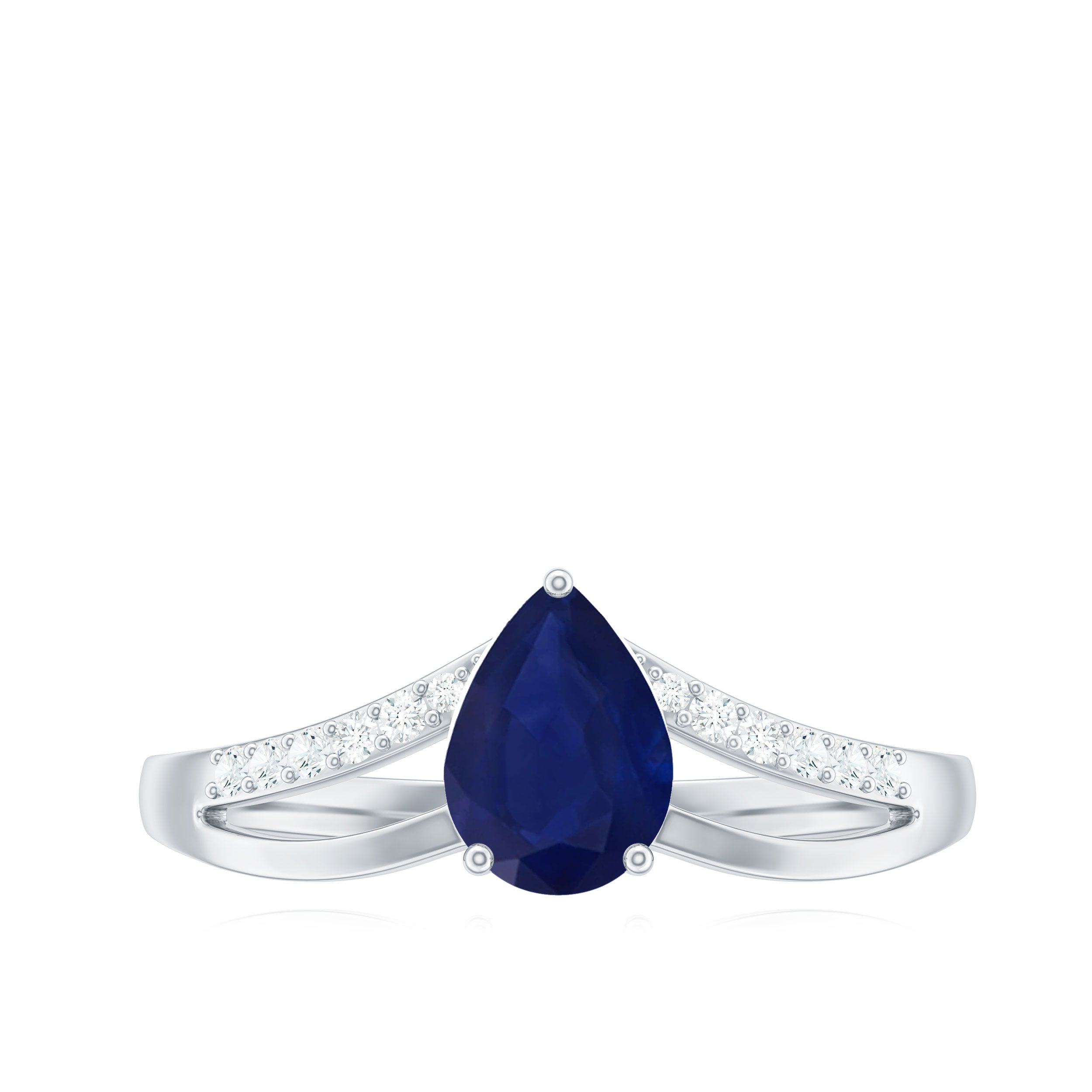 Rosec Jewels-Pear Cut Solitaire Blue Sapphire Split Shank Ring with Diamond