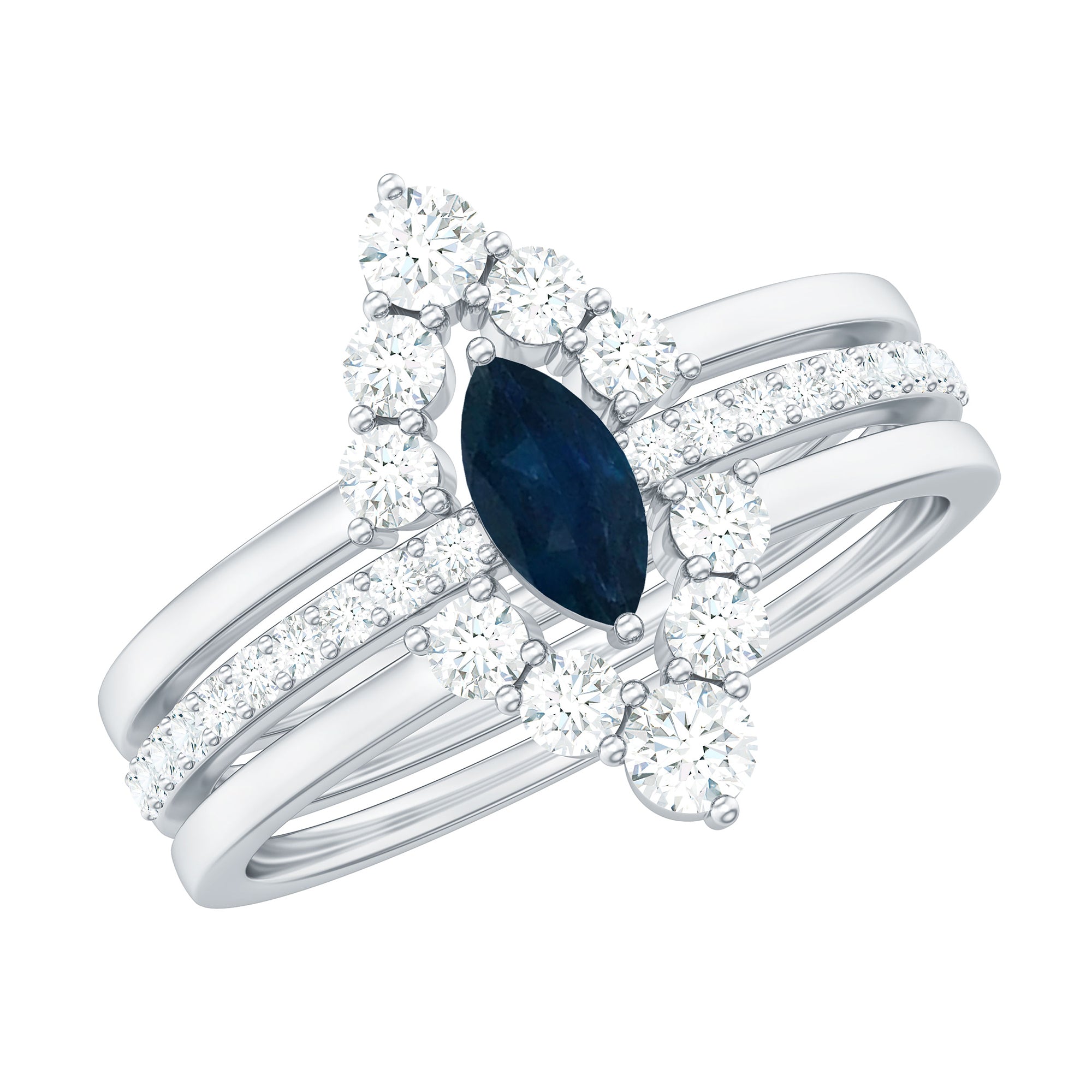 Rosec Jewels-Natural Marquise Cut Blue Sapphire and Diamond Three Piece Stackable Ring Set