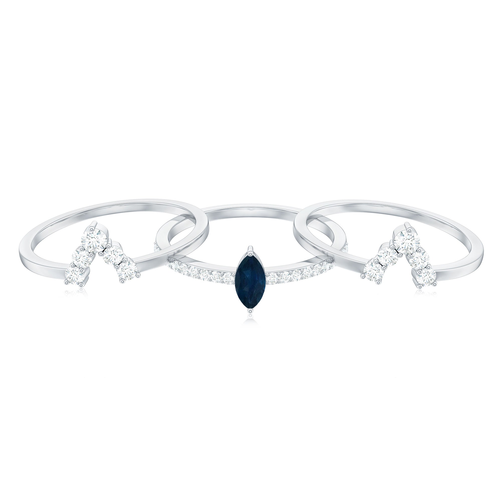 Rosec Jewels-Natural Marquise Cut Blue Sapphire and Diamond Three Piece Stackable Ring Set