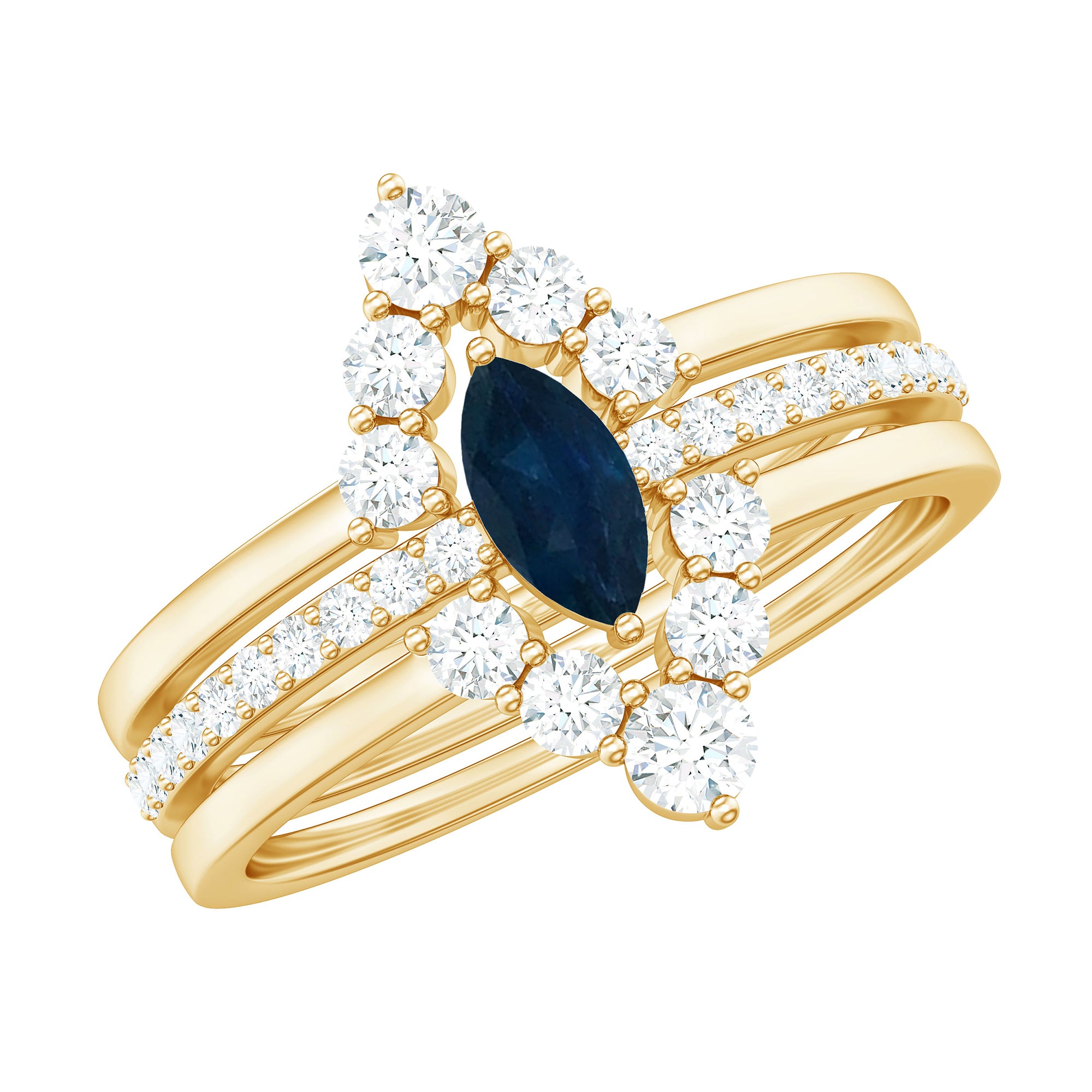 Rosec Jewels-Natural Marquise Cut Blue Sapphire and Diamond Three Piece Stackable Ring Set