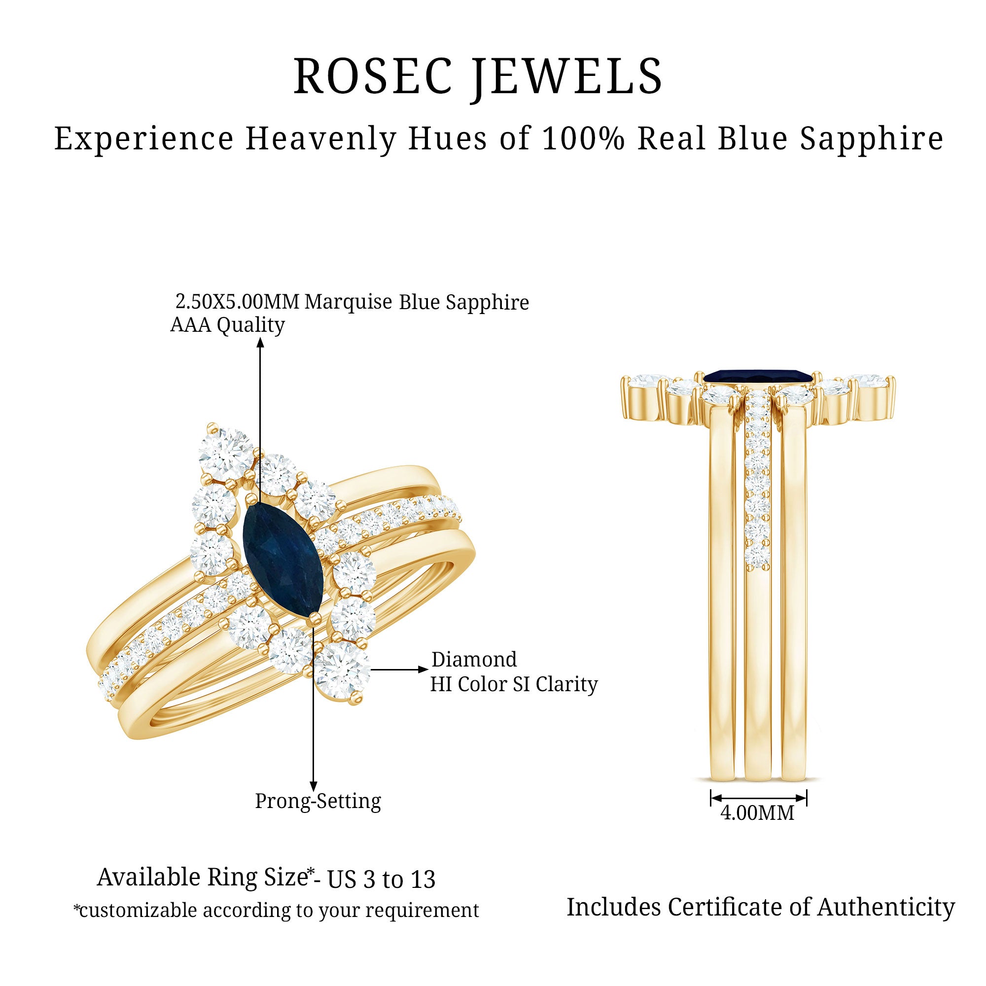 Rosec Jewels-Natural Marquise Cut Blue Sapphire and Diamond Three Piece Stackable Ring Set