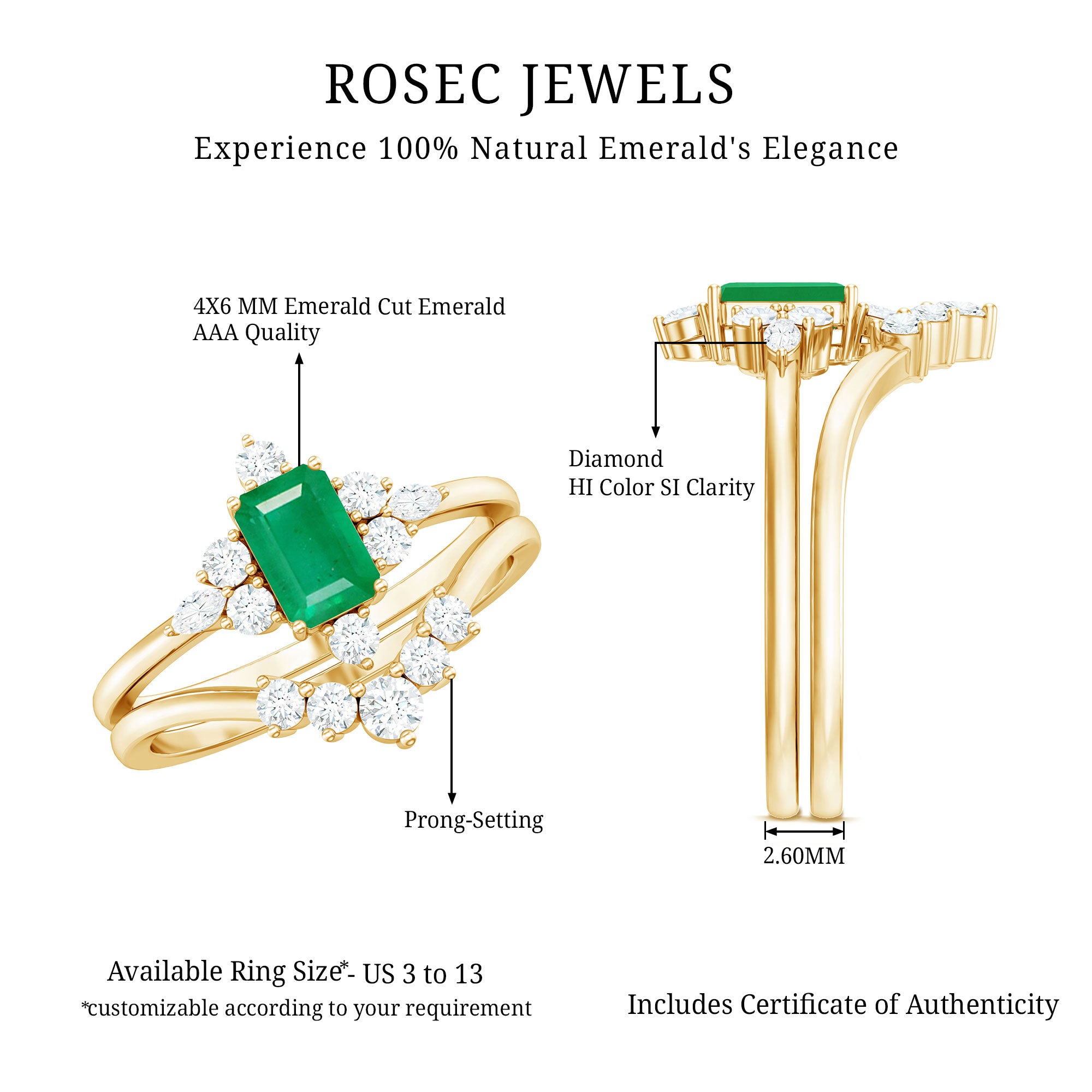 Rosec Jewels-Natural Emerald Diamond Emerald Cut Engagement Ring and Wedding Band Set
