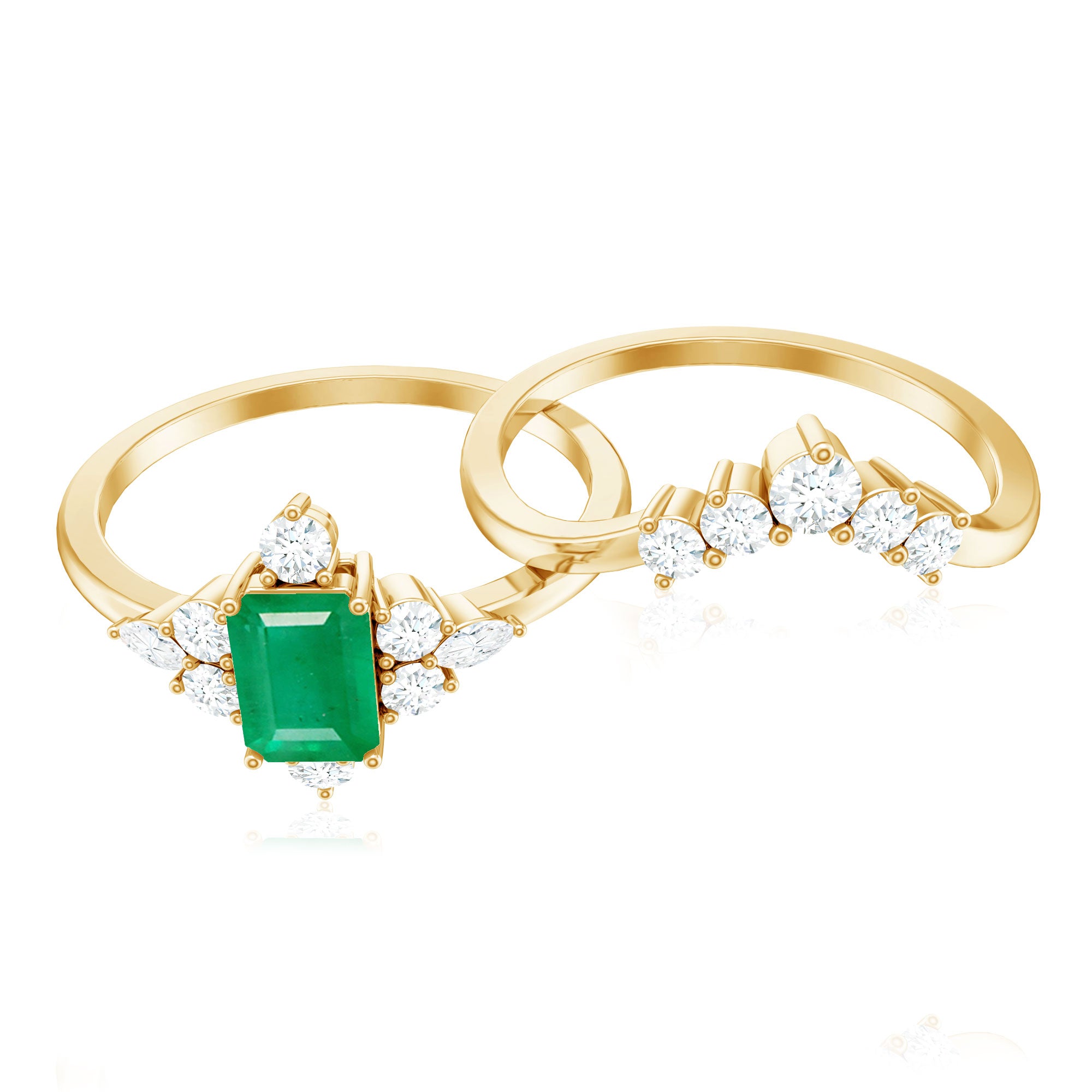 Rosec Jewels-Natural Emerald Diamond Emerald Cut Engagement Ring and Wedding Band Set