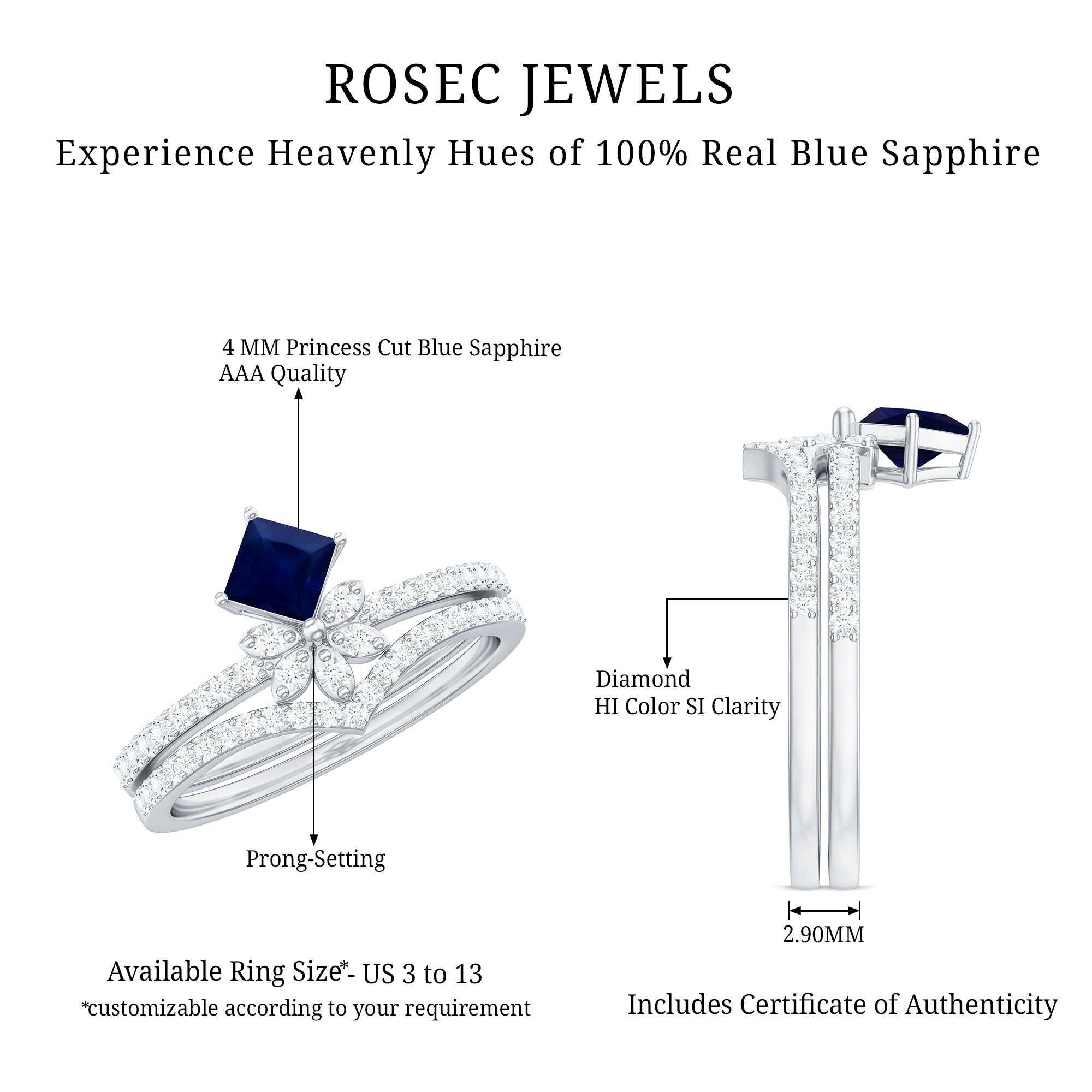 Rosec Jewels-Designer Princess Cut Blue Sapphire and Diamond Flower Wedding Ring Set