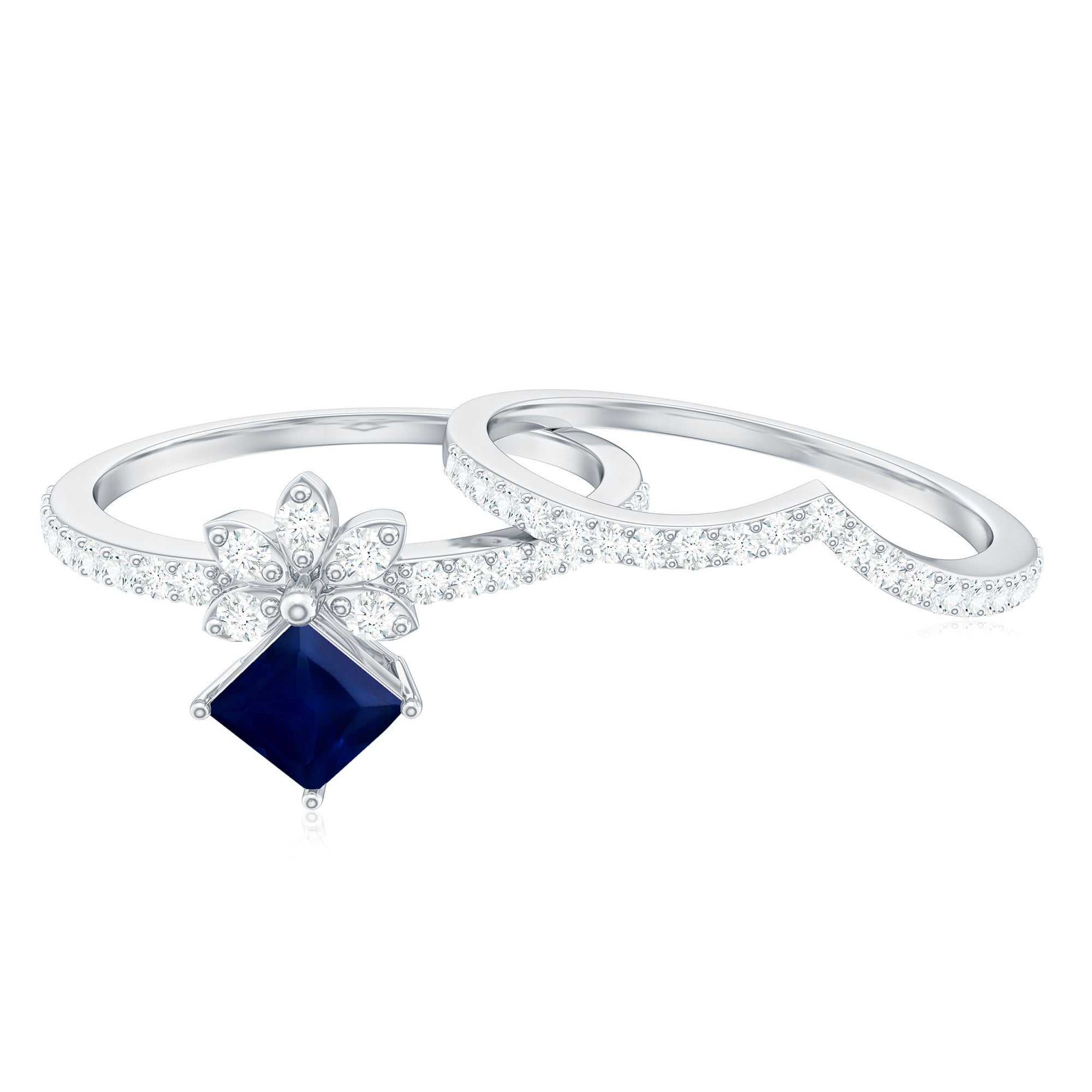 Rosec Jewels-Designer Princess Cut Blue Sapphire and Diamond Flower Wedding Ring Set