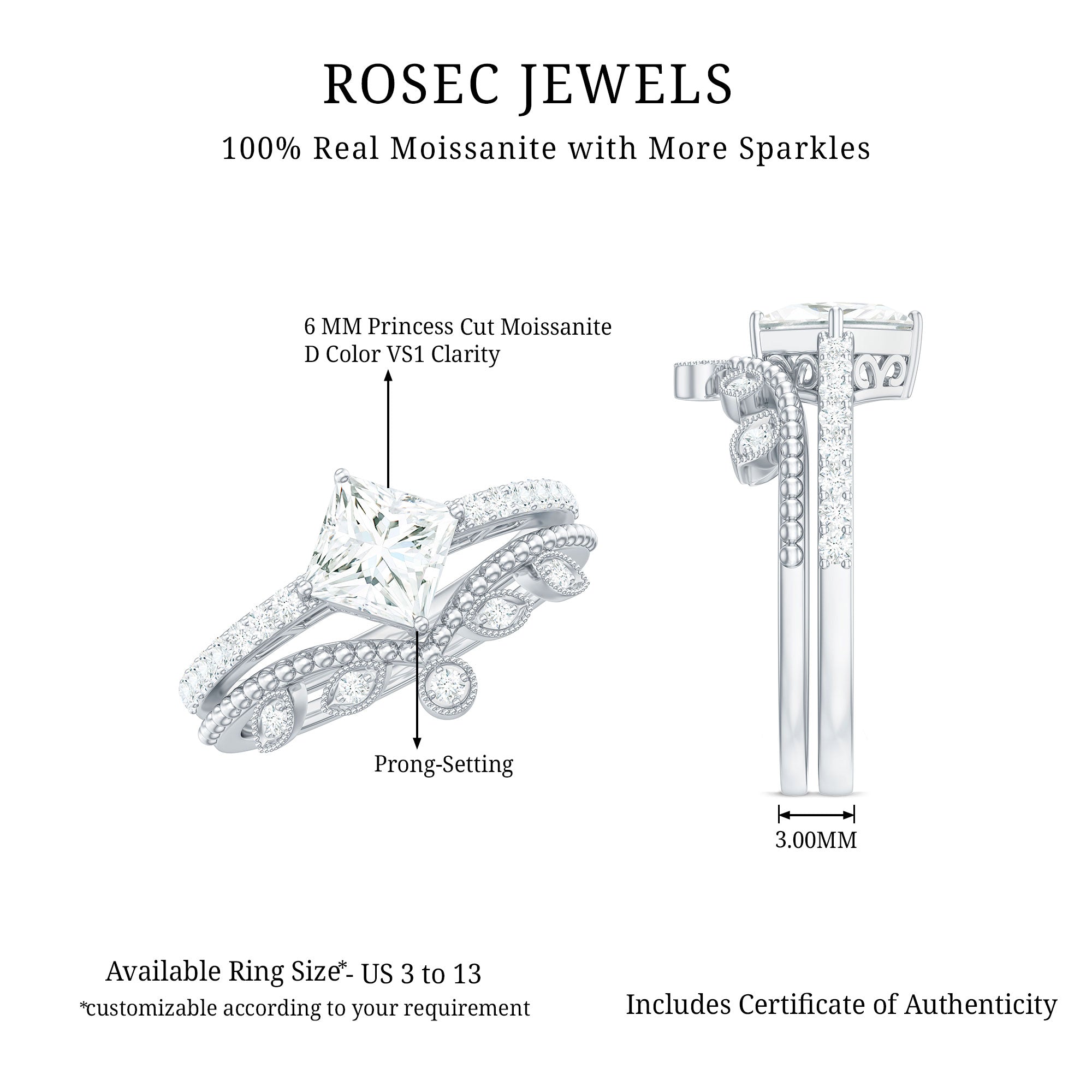 Brilliant Cut Moissanite Vintage Bridal Ring Set D-VS1 - Rosec Jewels