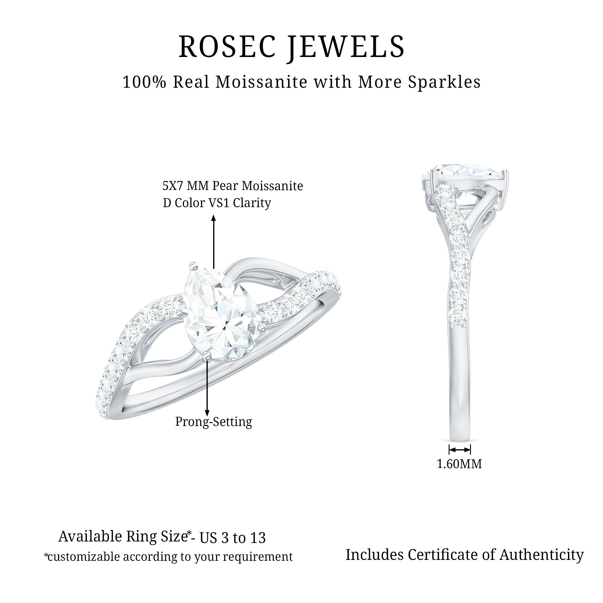 Certified Pear Cut Moissanite Split Shank Engagement Ring D-VS1 - Rosec Jewels