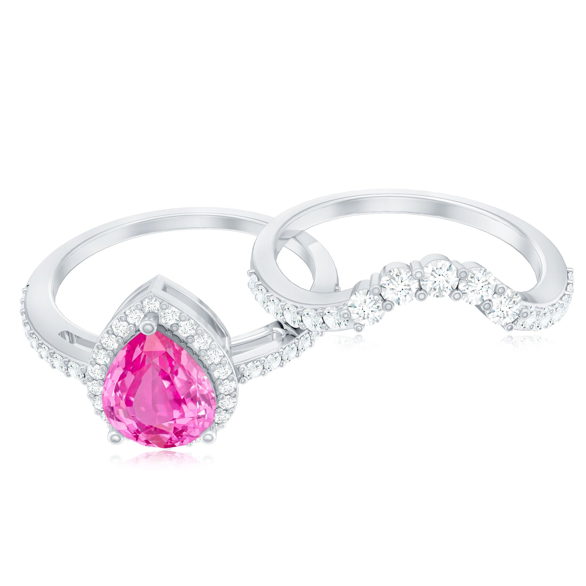 Rosec Jewels-Pear Created Pink Sapphire Teardrop Ring Set with Moissanite Band