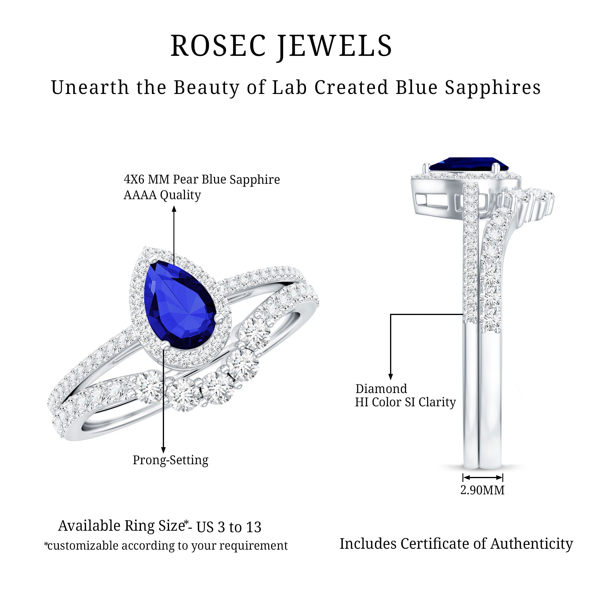 Certified Lab Grown Blue Sapphire Diamond Pear Shaped Engagement Ring Set AAAA - Rosec Jewels