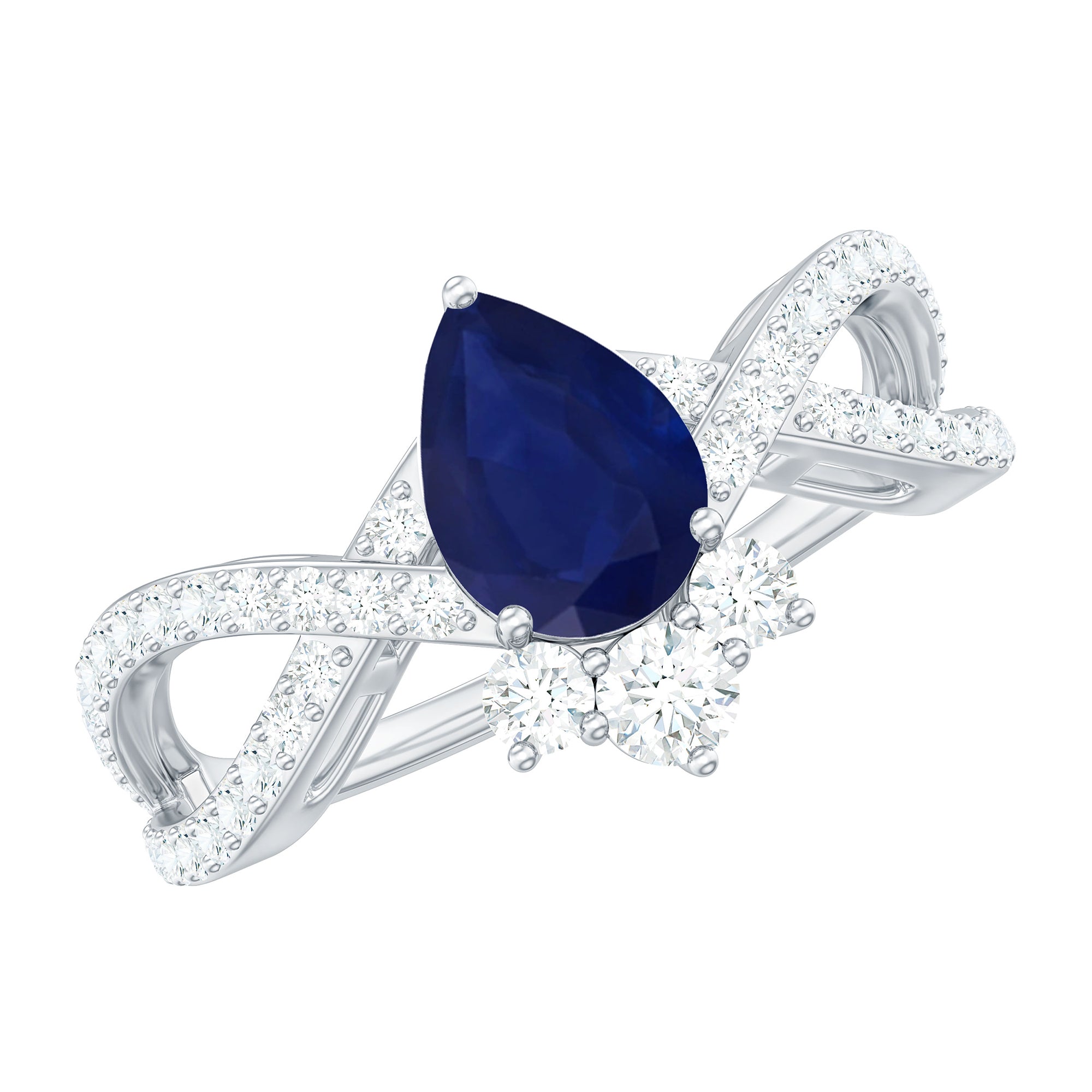 Real 0.5 Blue Sapphire Pear Shape Engagement Ring with Diamond Crossover AAA - Rosec Jewels