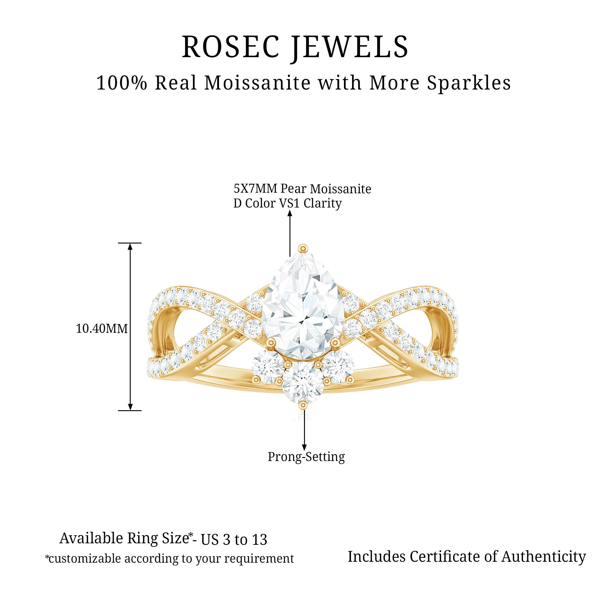 Rosec Jewels-Designer Pear Shaped Moissanite Crossover Engagement Ring
