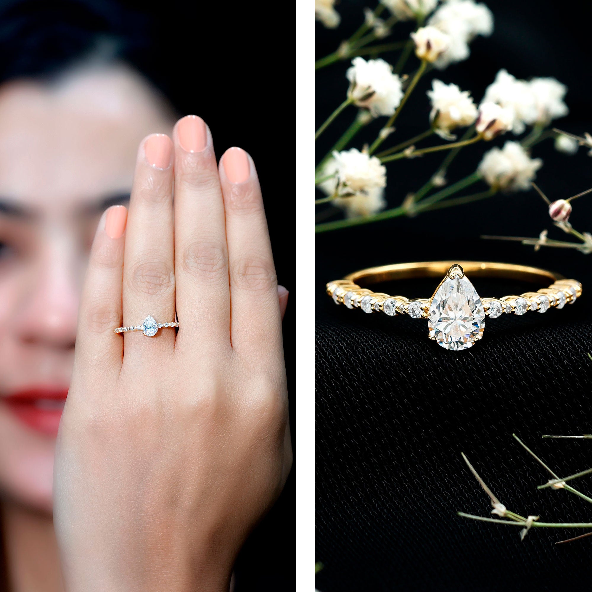 Beaded Bezel Set Moissanite Pear Engagement Ring D-VS1 - Rosec Jewels