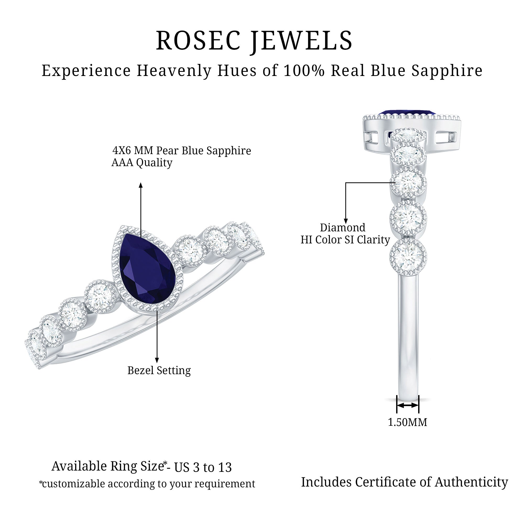 Rosec Jewels-Pear Cut 0.5 Carat Blue Sapphire Engagement Ring with Diamonds
